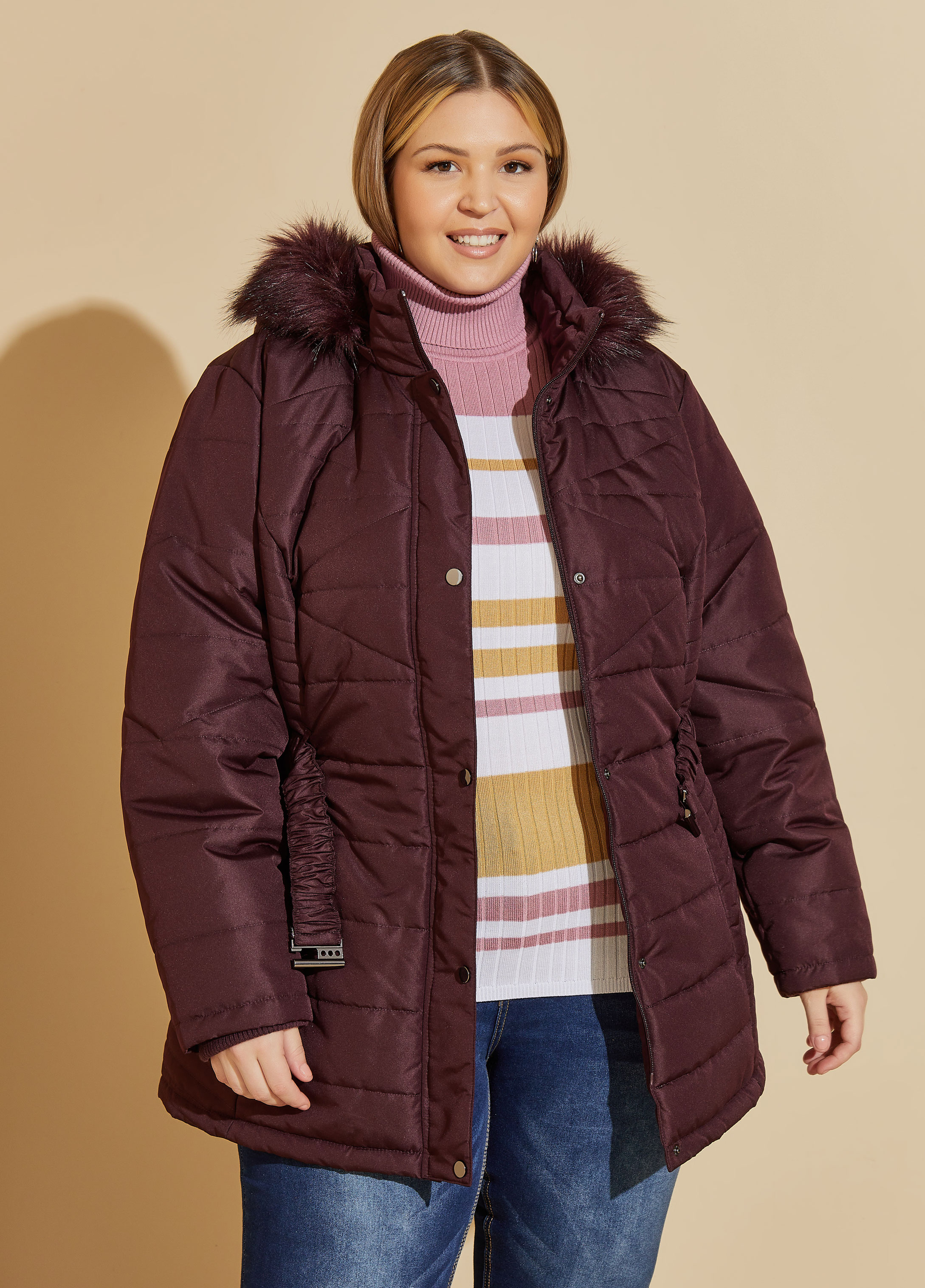 Plus Size Belted Hooded Puffer Coat, RED, 14/16 - Ashley Stewart
