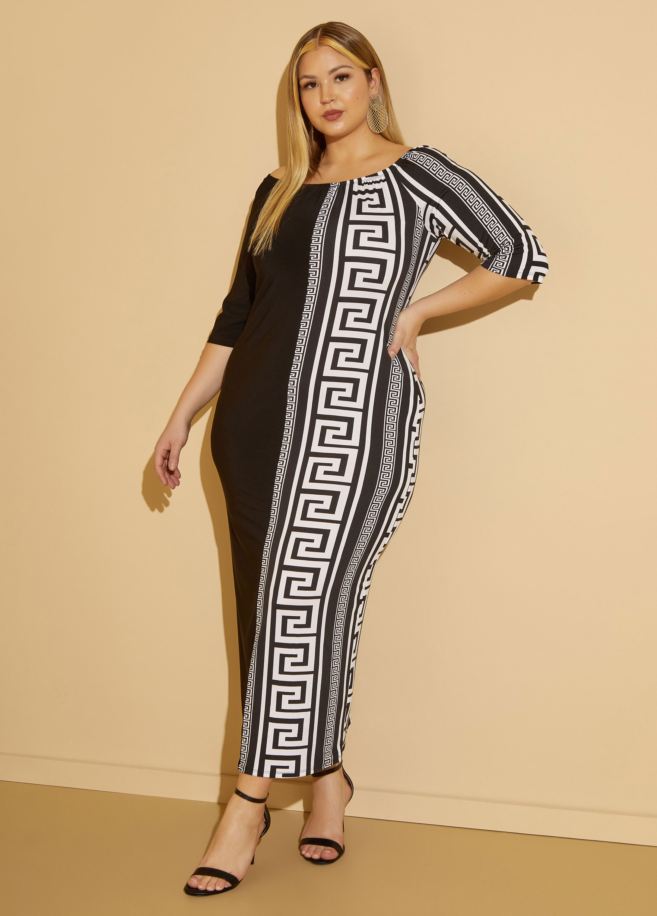 Plus Size Greek Key Maxi Bodycon Dress, BLACK, 12 - Ashley Stewart