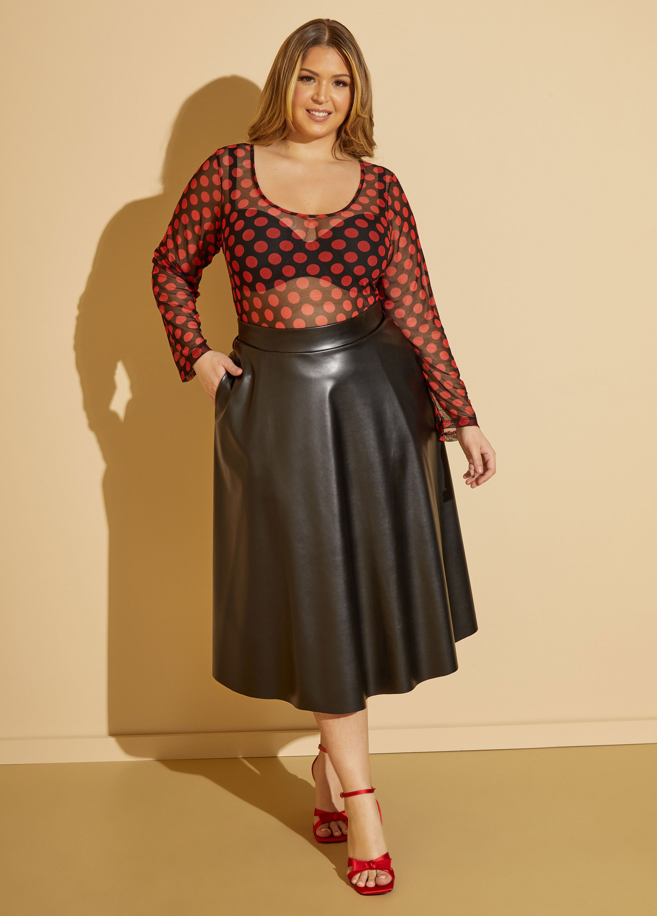Plus Size Faux Leather A Line Midi Skirt, BLACK, 30/32 - Ashley Stewart