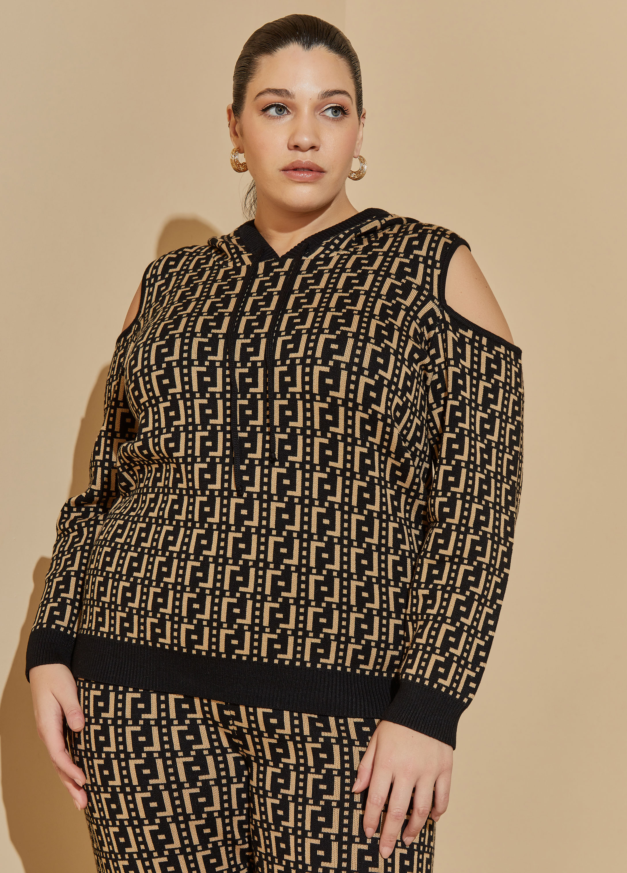 Plus Size Cold Shoulder Intarsia Sweater, BLACK, 14/16 - Ashley Stewart