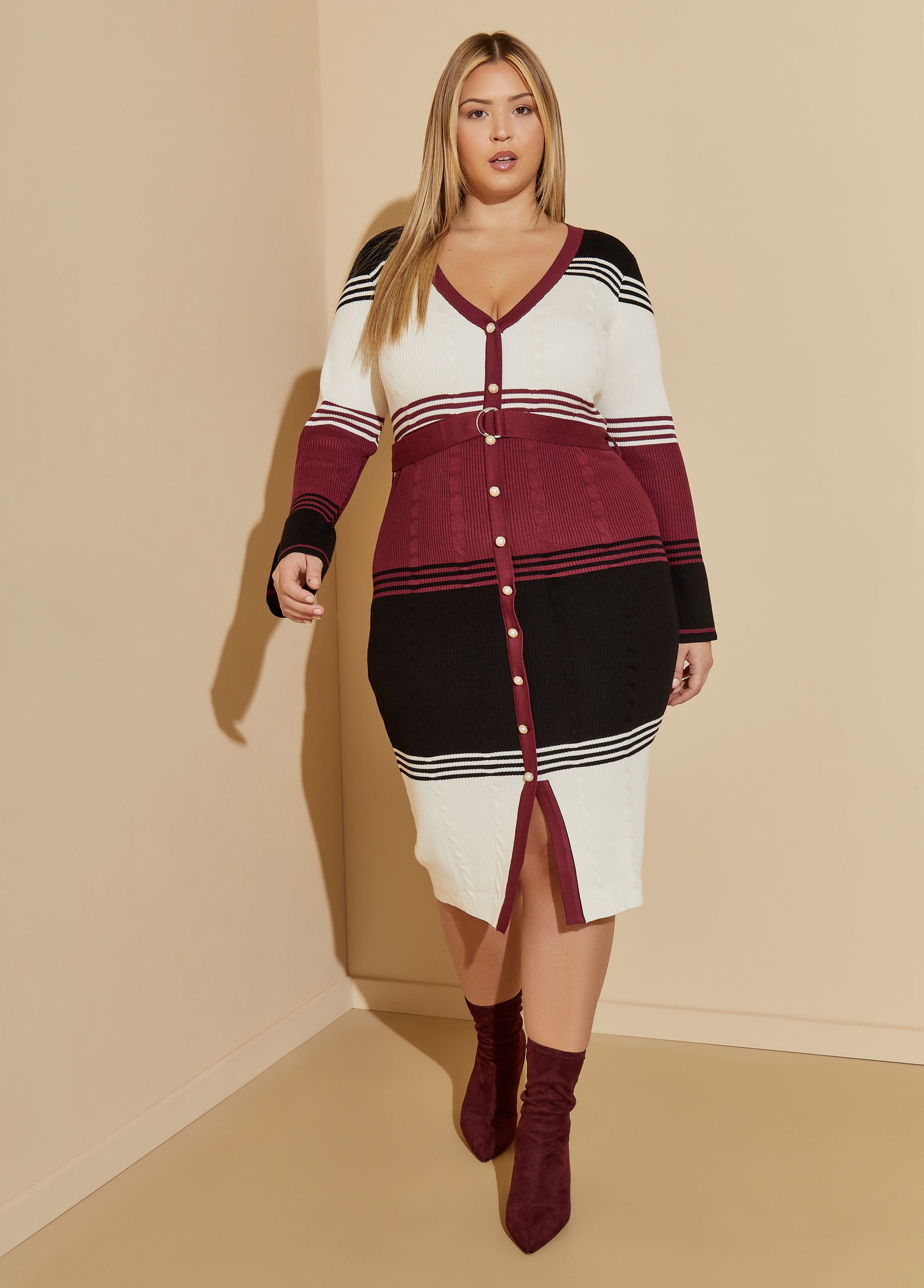 Plus Size Belted Striped Sweater Dress, RED, 14/16 - Ashley Stewart