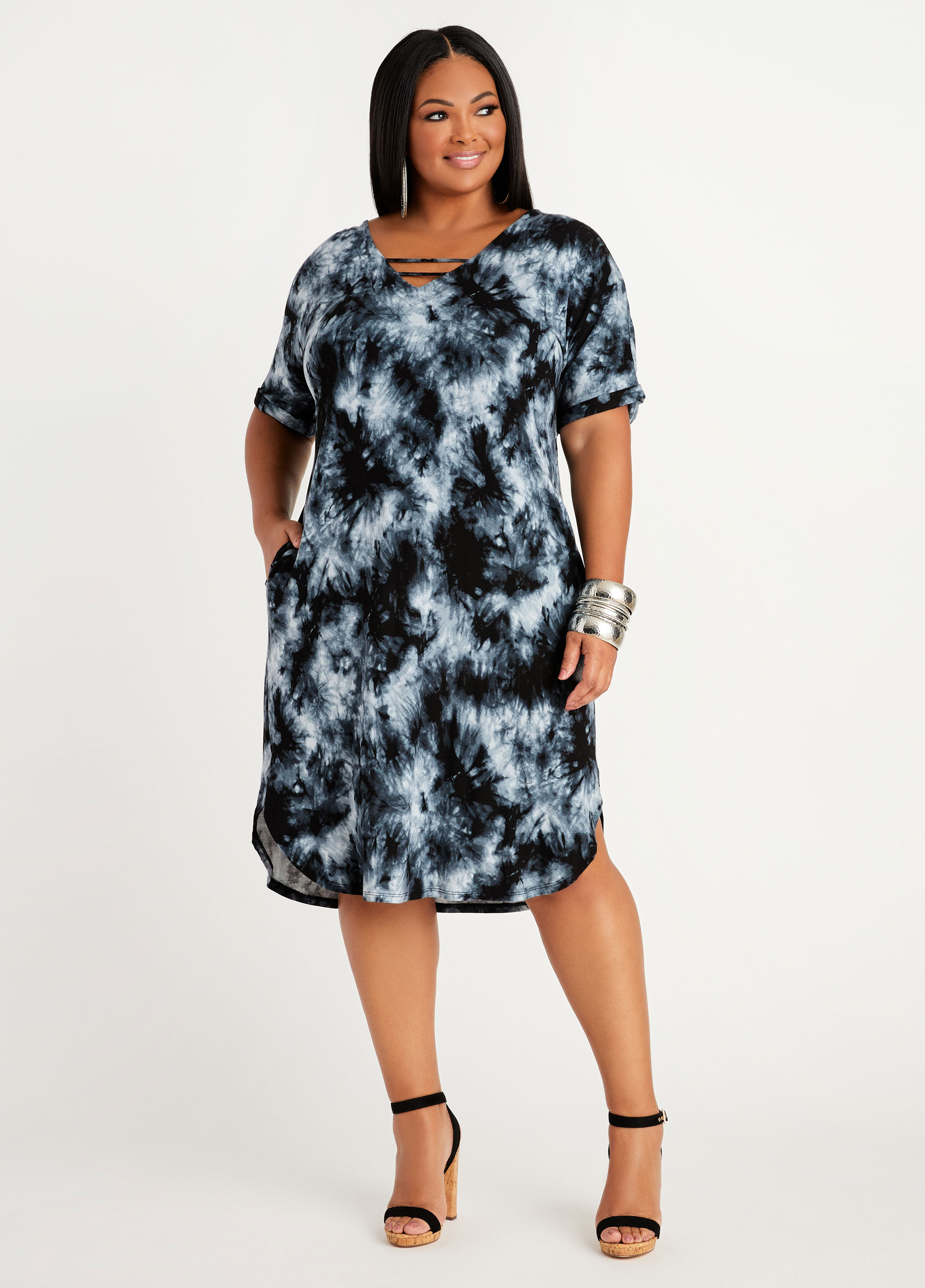 Plus Size Tie Dye Jersey Shirt Dress, BLACK, 30/32 - Ashley Stewart