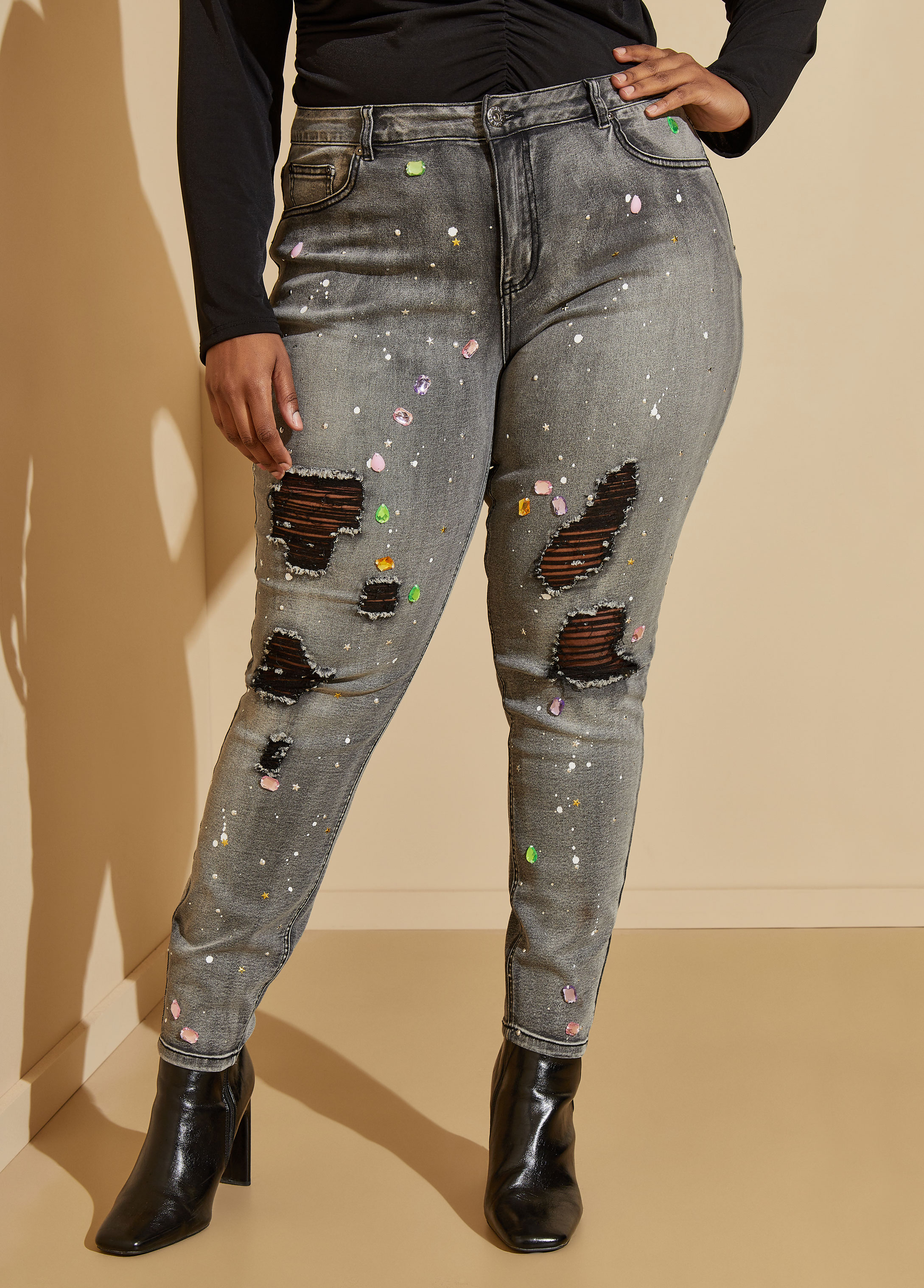 Plus Size Distressed Embellished Jeans, GREY, 18 - Ashley Stewart