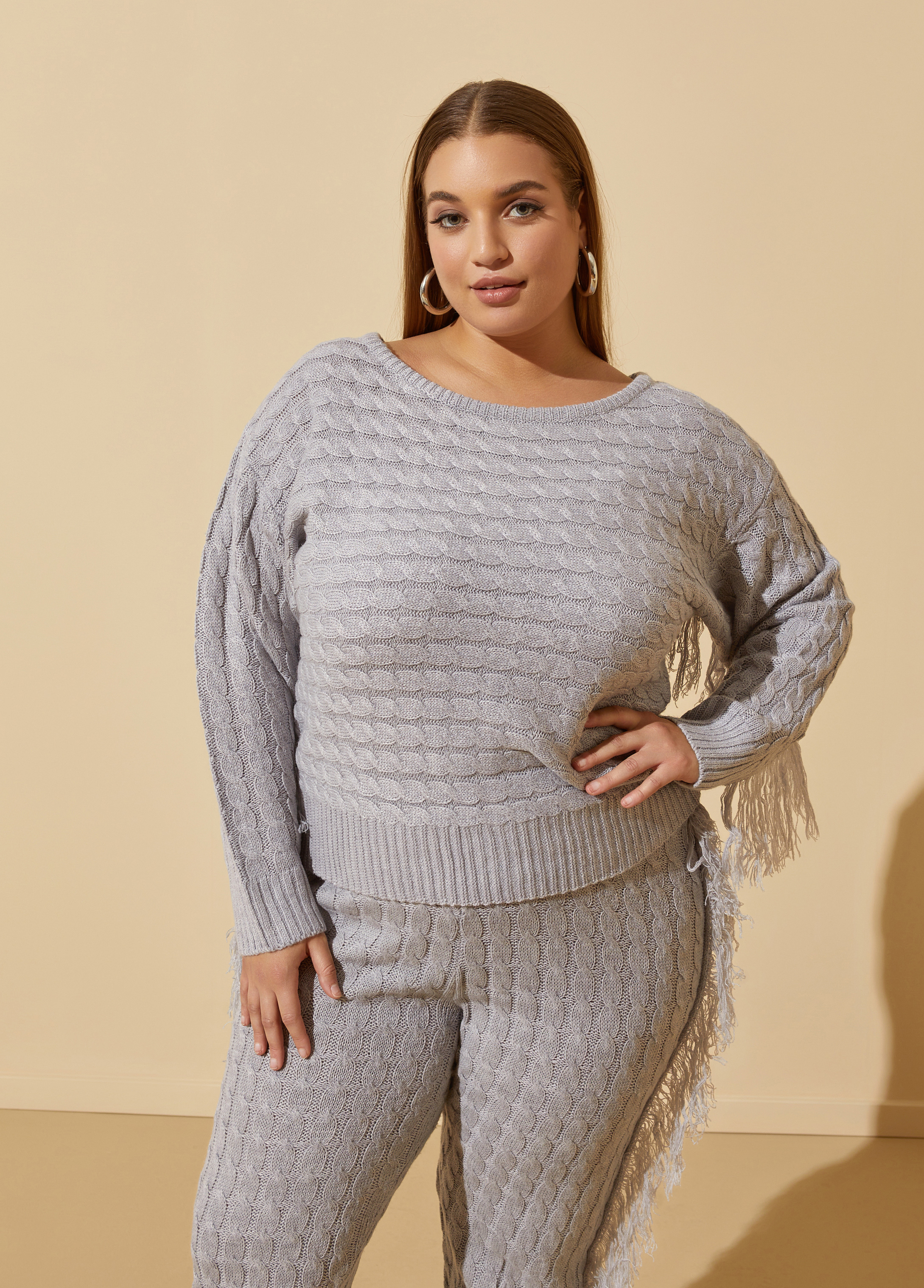 Plus Size Fringed Cable Knit Sweater, GREY, 14/16 - Ashley Stewart