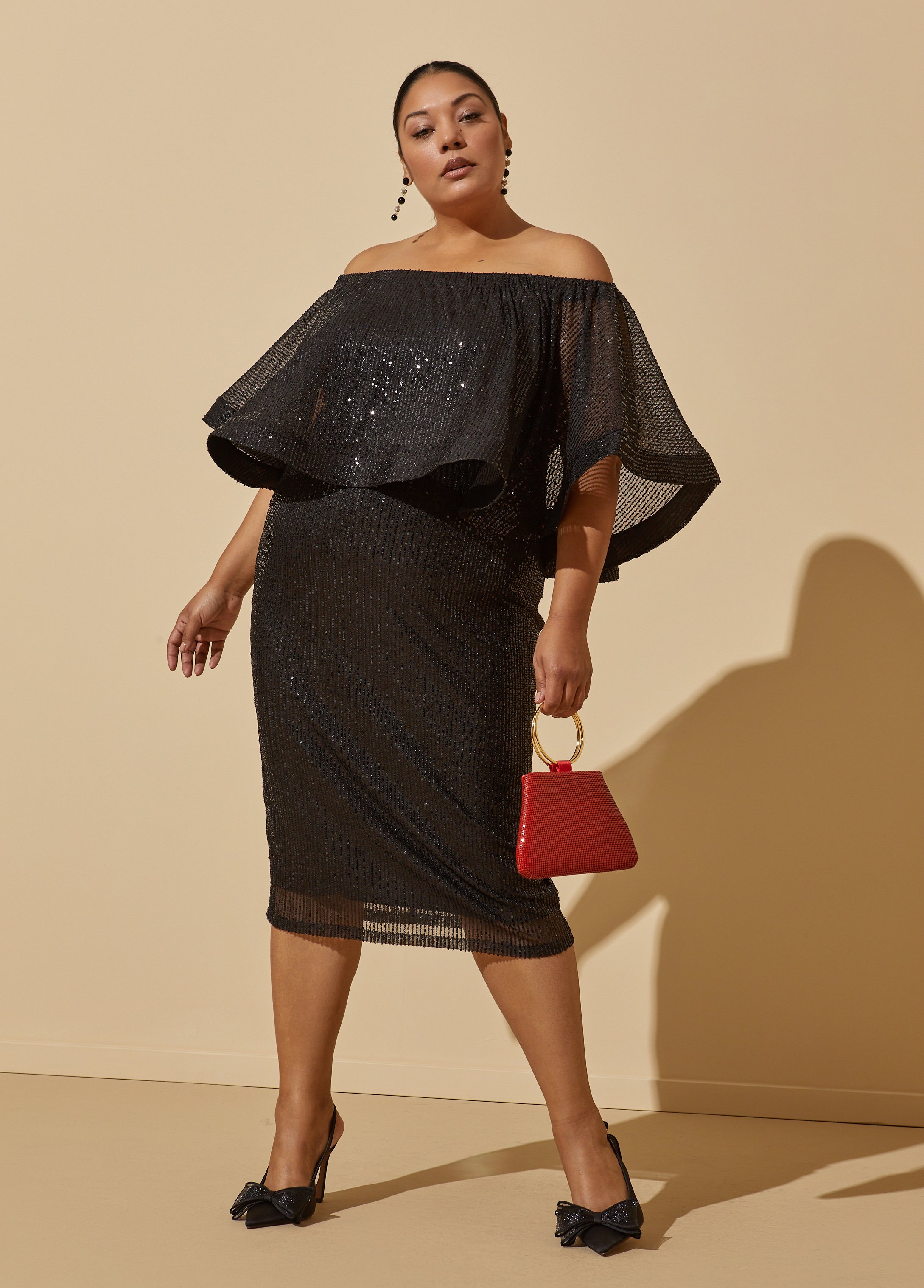 Plus Size Cape Effect Sequined Bodycon Dress, BLACK, 26/28 - Ashley Stewart