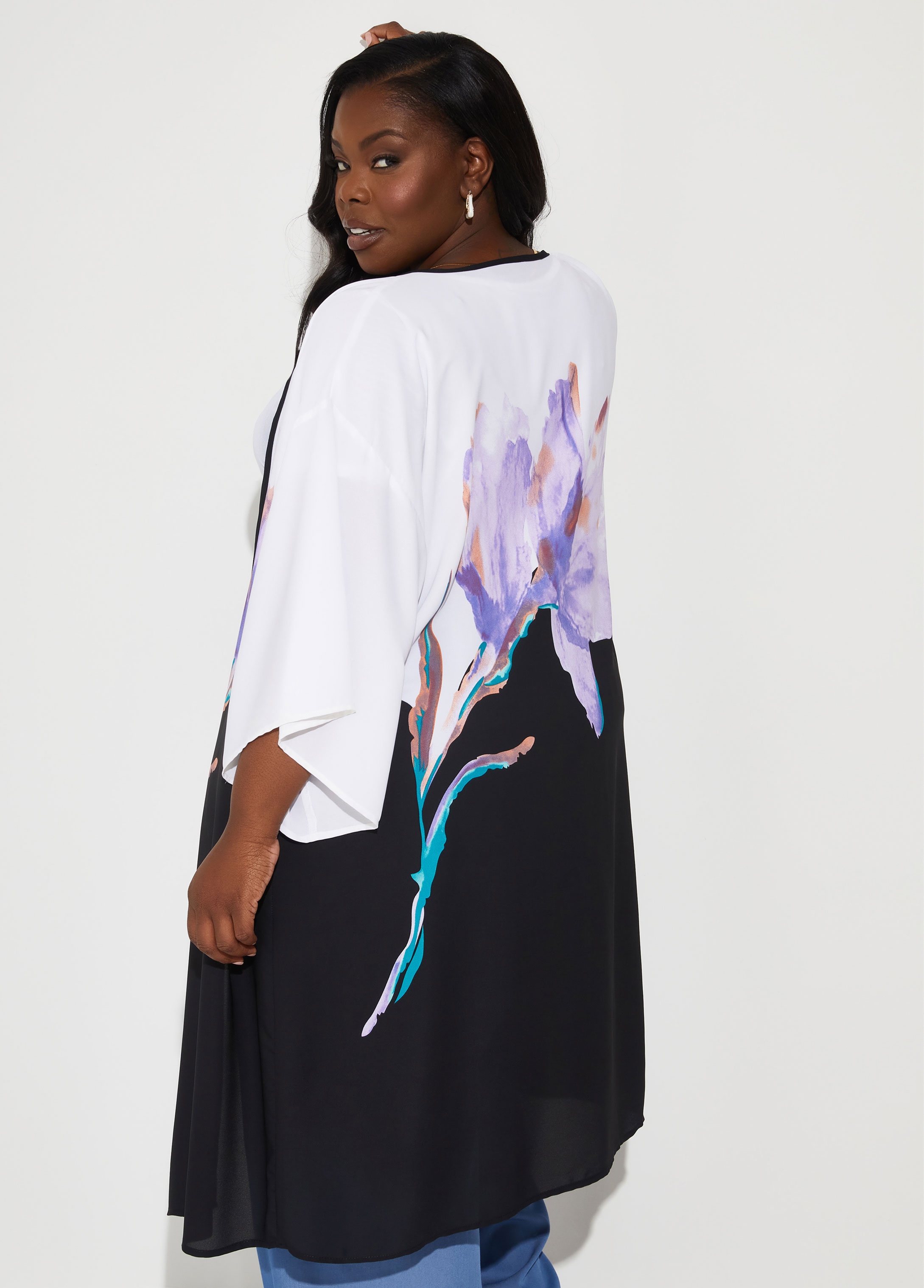 Ashley Stewart Plus Size Abstract Print Crepe Kimono