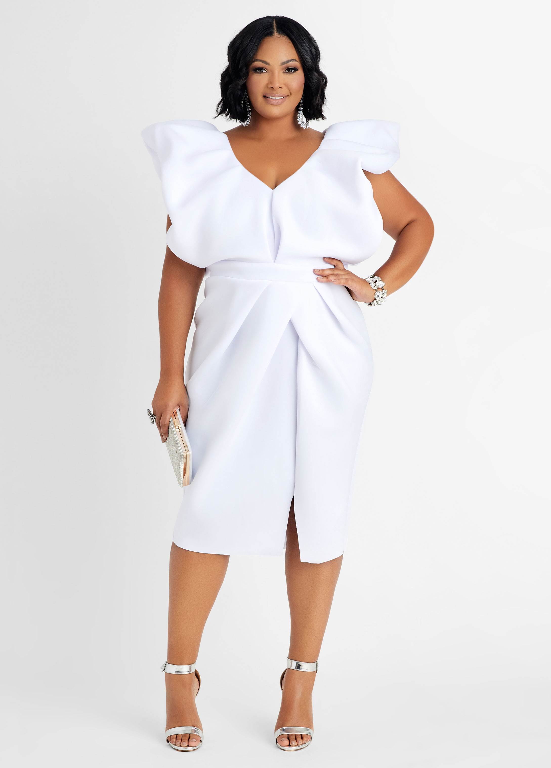 Plus Size Flounced Neoprene Bodycon Dress, WHITE, 32 - Ashley Stewart