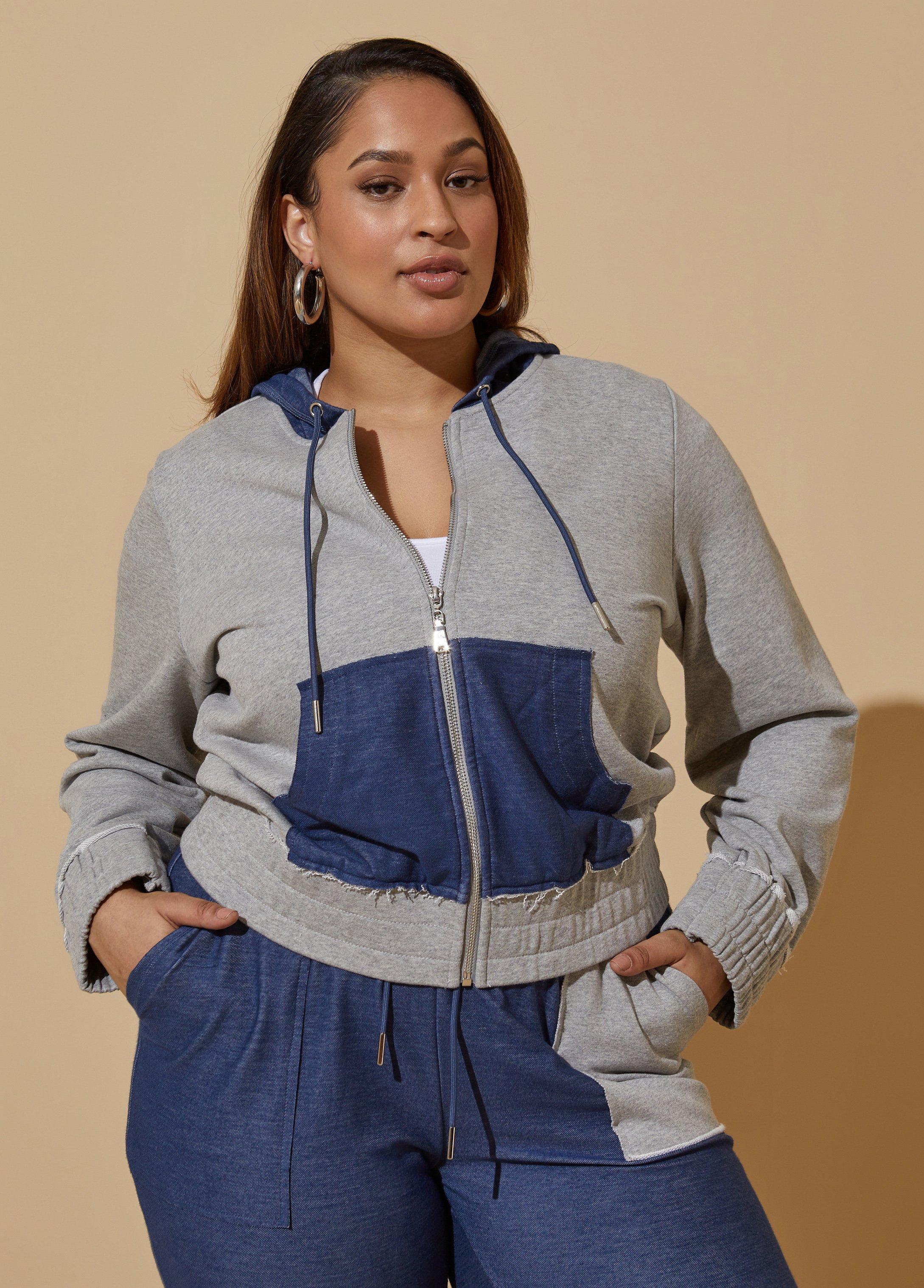 Plus Size Patchwork Jersey And Terry Hoodie, GREY, 34/36 - Ashley Stewart