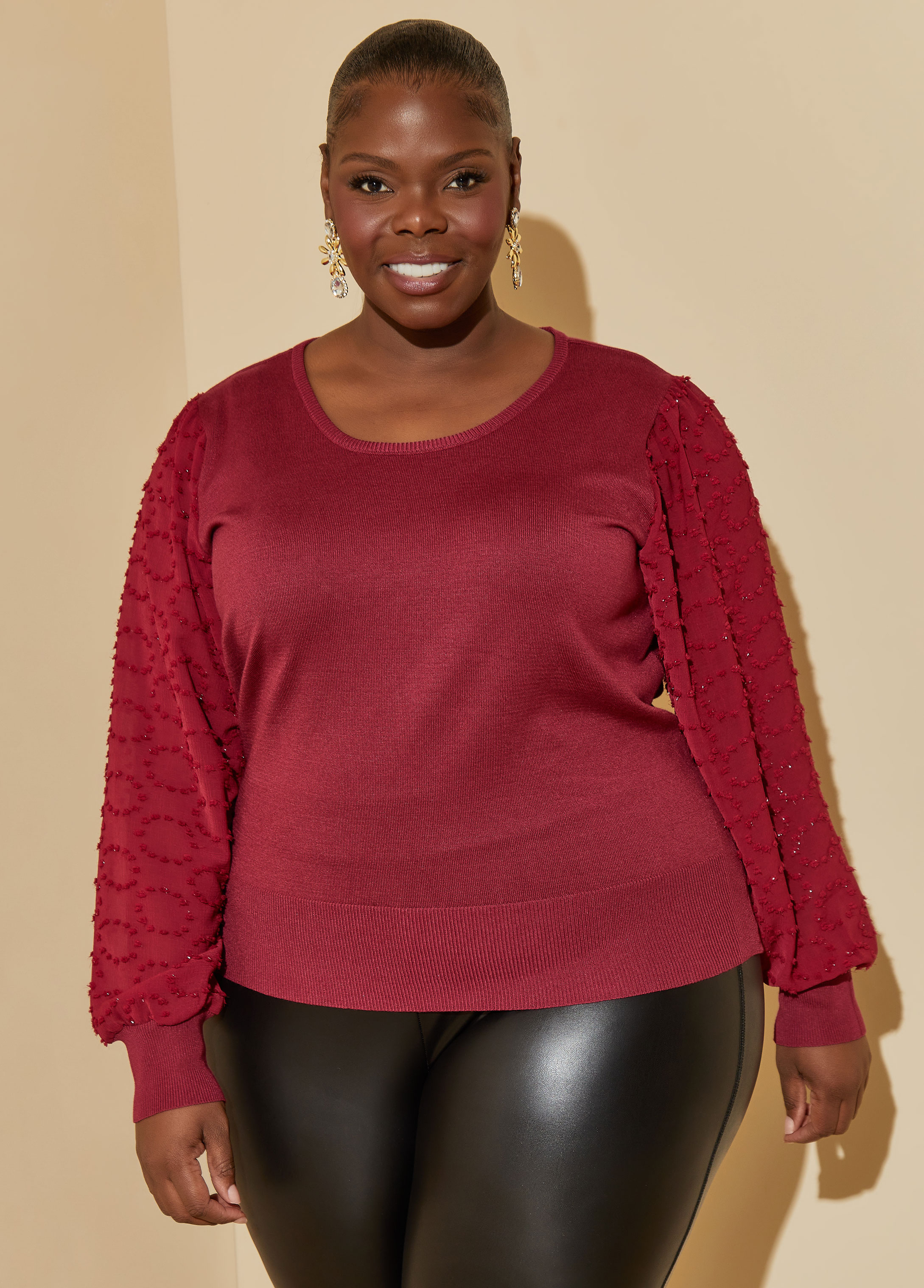 Plus Size Textured Paneled Sweater, RED, 18/20 - Ashley Stewart