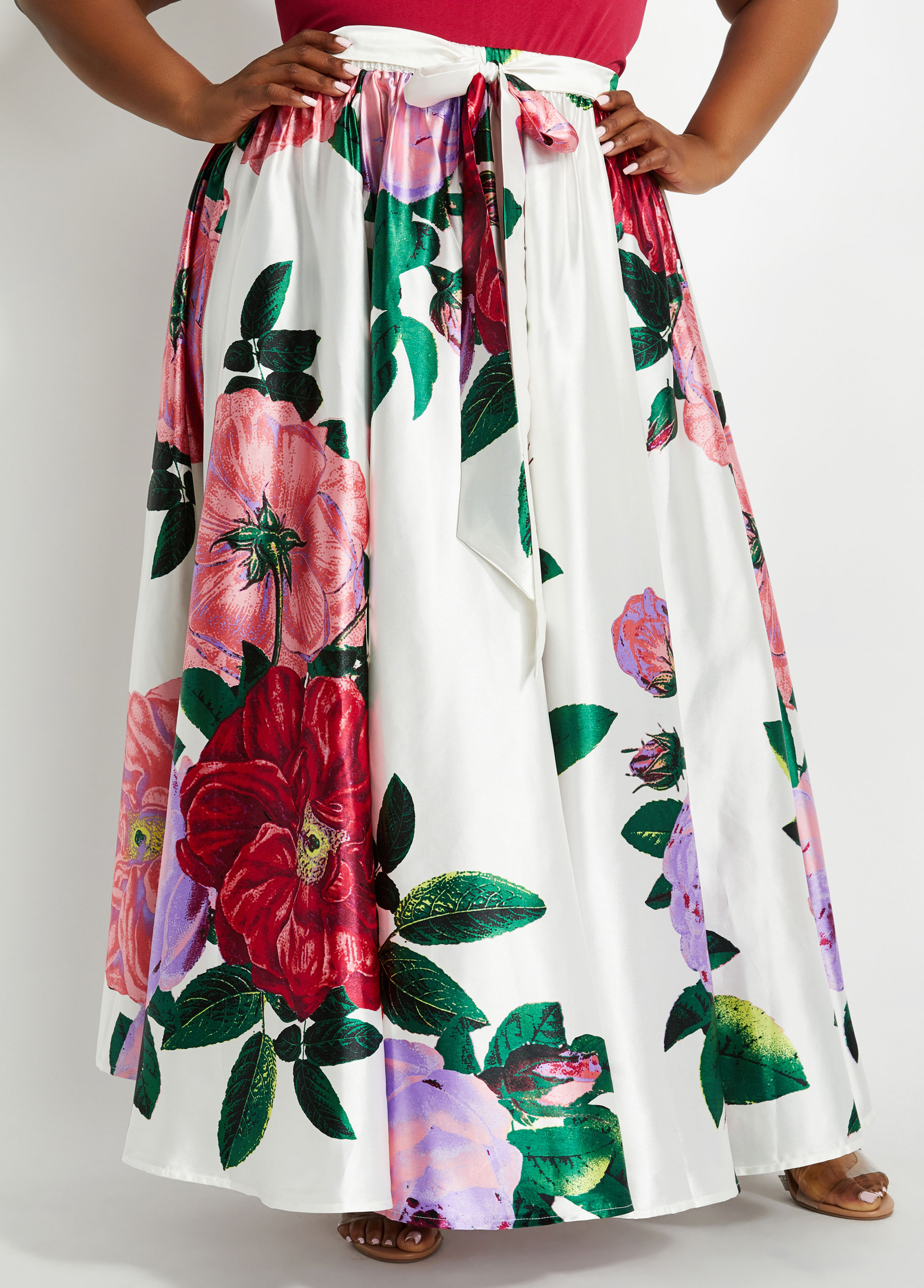 Plus Size Belted Floral Flared Satin Maxi Skirt
