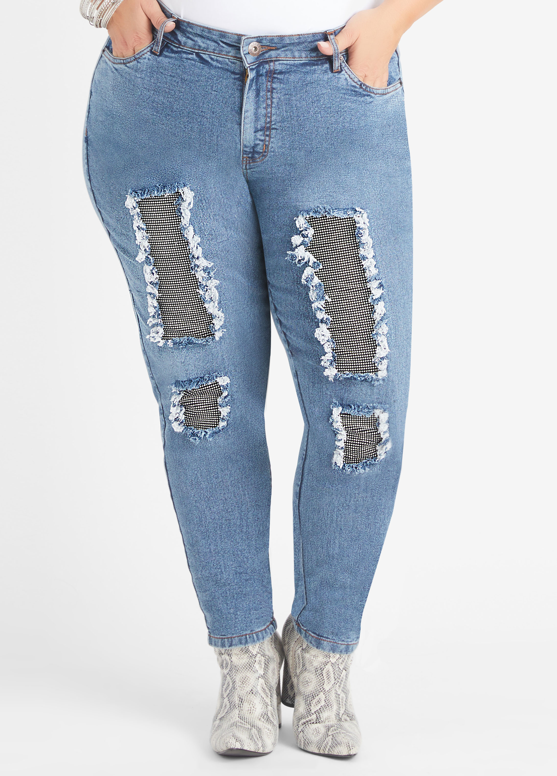 Plus Size Distressed Embellished Skinny Jeans, BLUE, 26 - Ashley Stewart