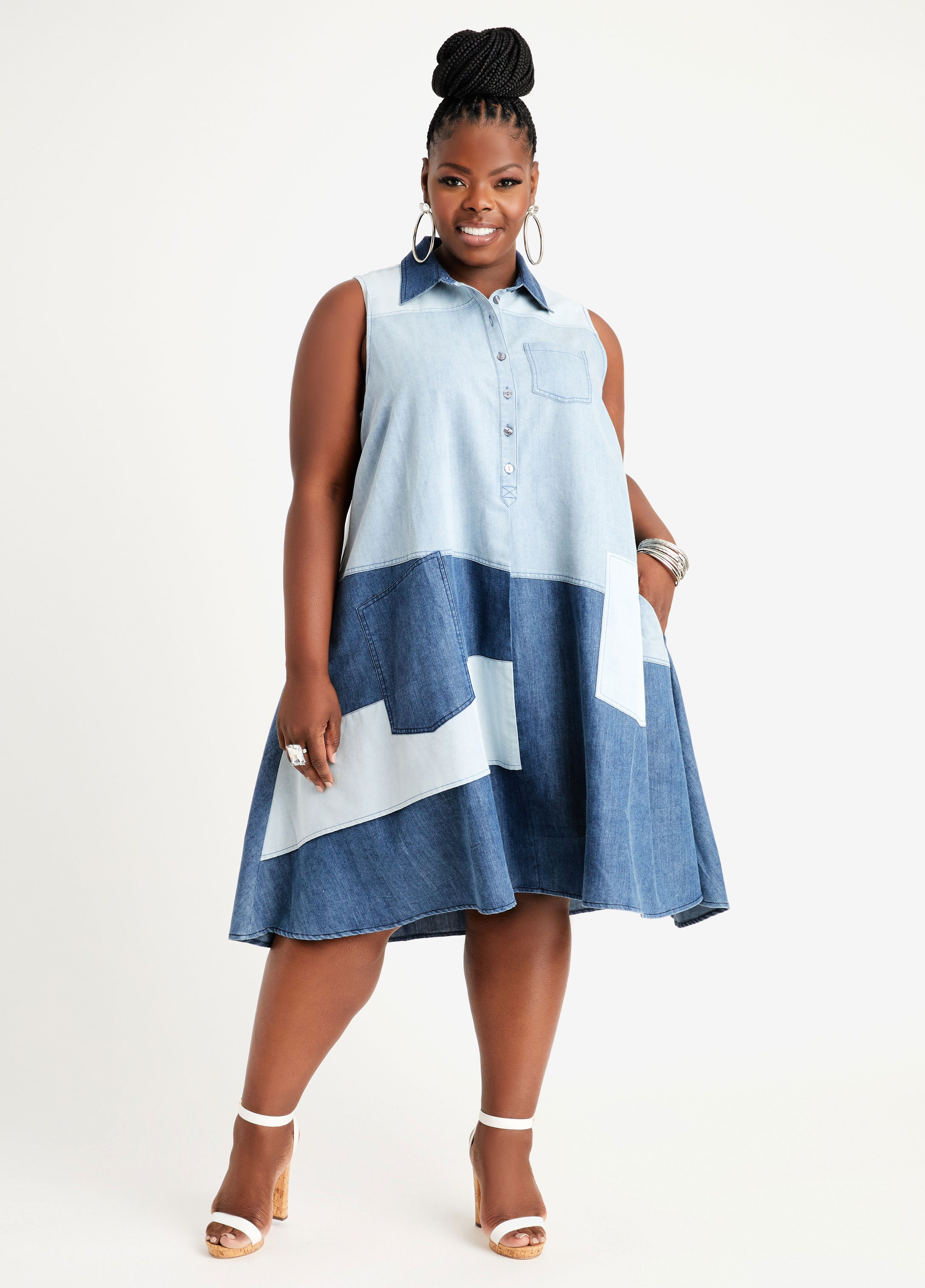 Plus Size Patchwork Chambray Shirtdress, BLUE, 14/16 - Ashley Stewart