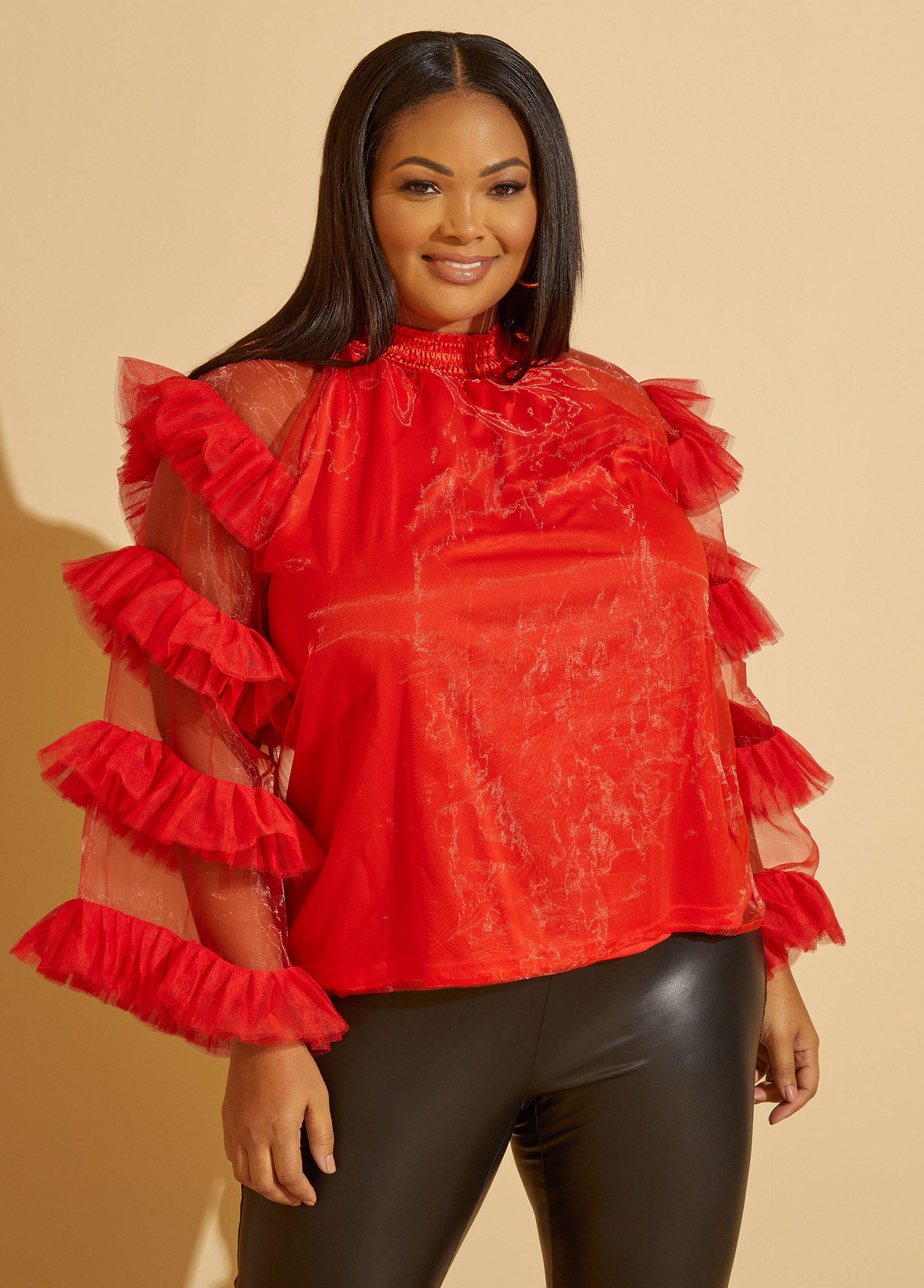 Plus Size Ruffled Shirred Blouse, RED, 26/28 - Ashley Stewart