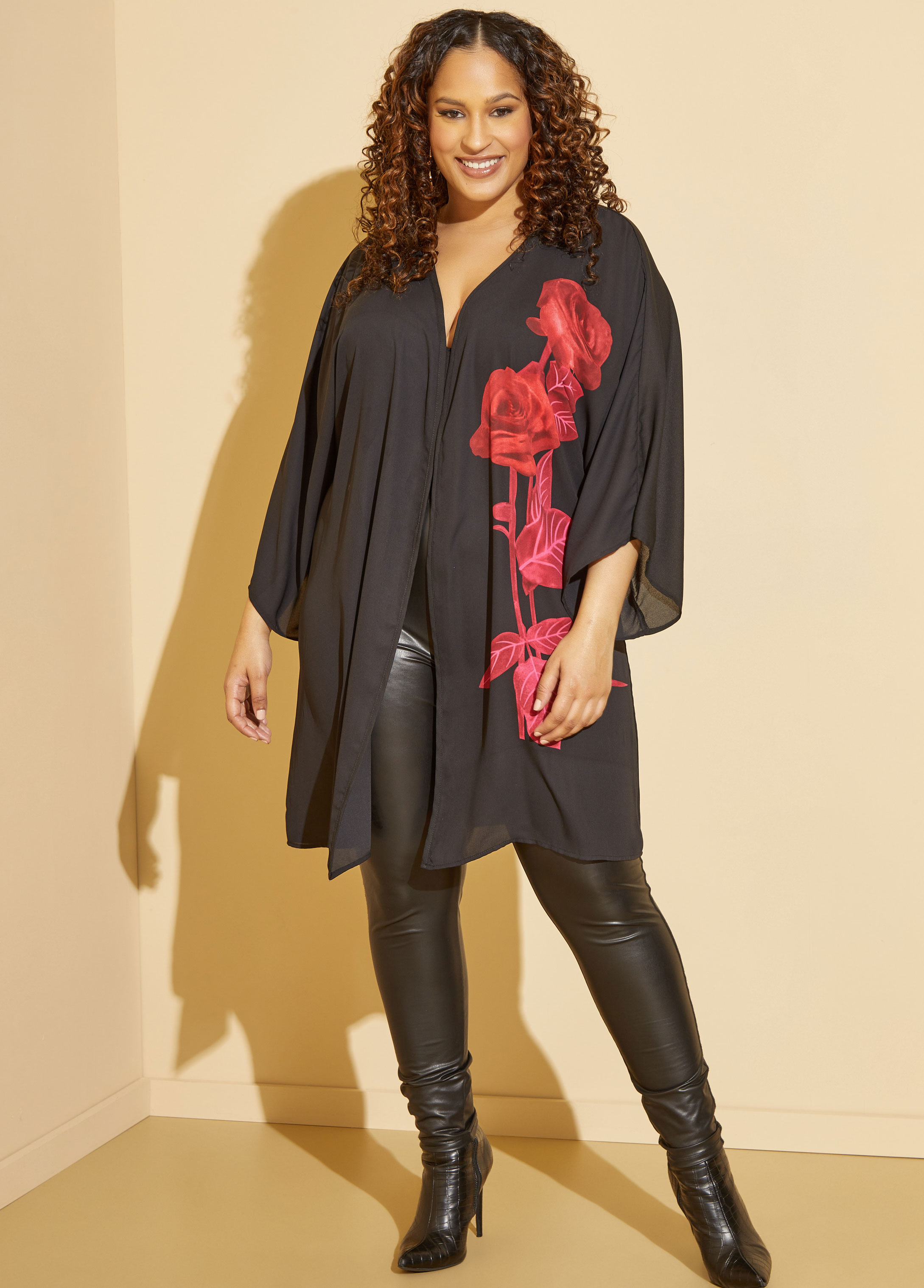Plus Size Rose Print Kimono, BLACK, 30/32 - Ashley Stewart