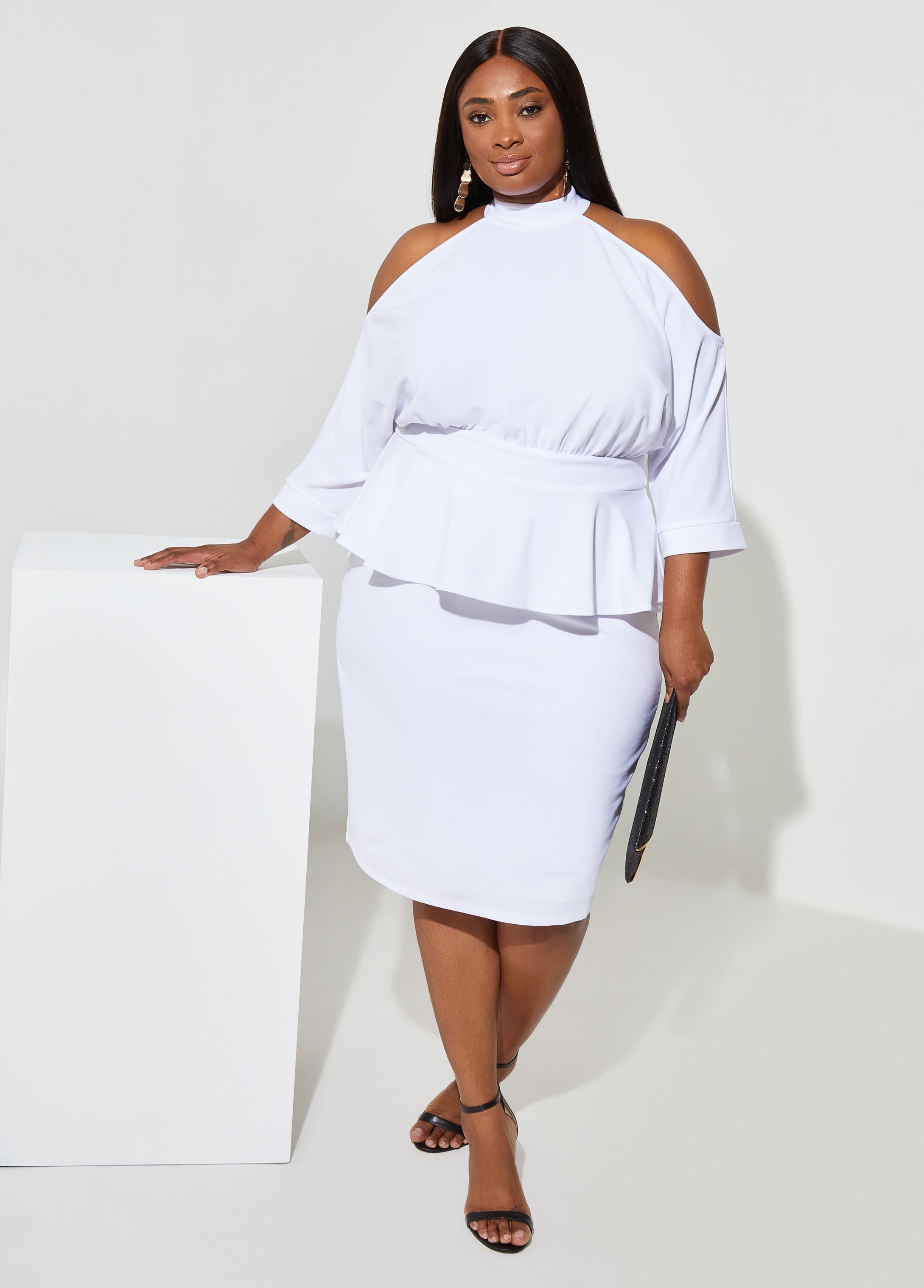 Plus Size Cold Shoulder Peplum Sheath Dress, WHITE, 30/32 - Ashley Stewart