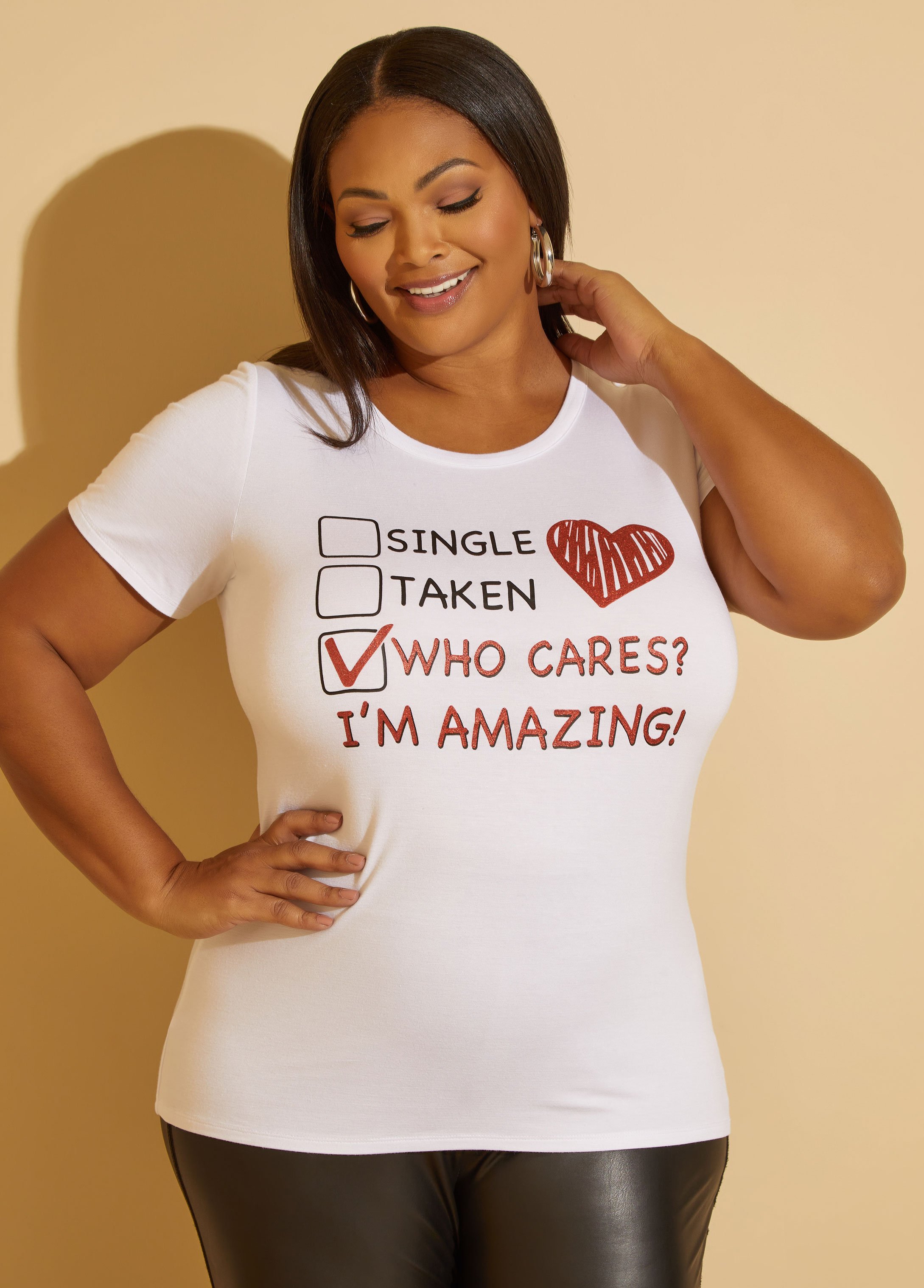 Plus Size Who Cares Glittered Graphic Tee, WHITE, 10/12 - Ashley Stewart