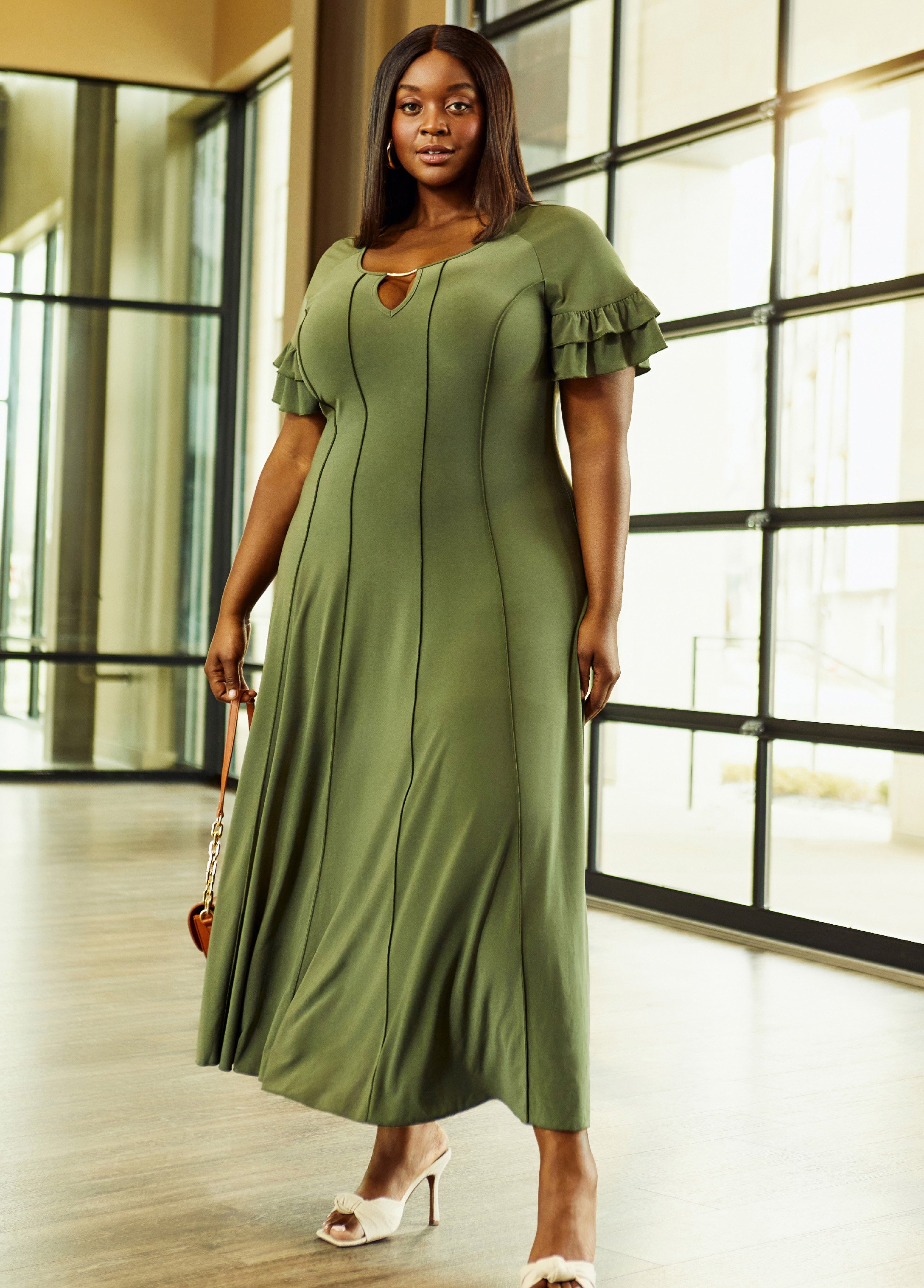 Plus Size Ruffle Sleeved Seamed Maxi Dress, GREEN, 18/20 - Ashley Stewart