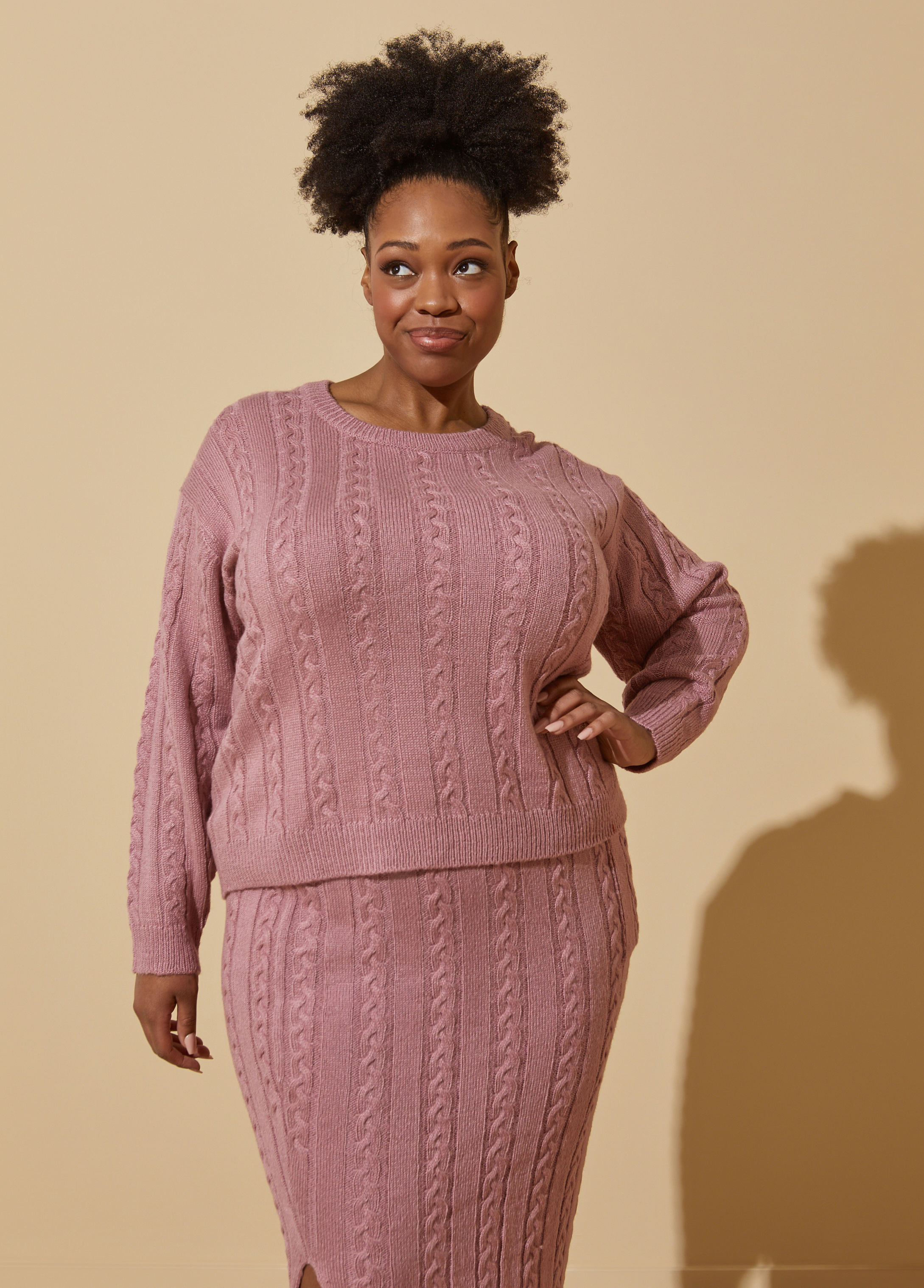 Plus Size Cable Knit Sweater, PINK, 14/16 - Ashley Stewart