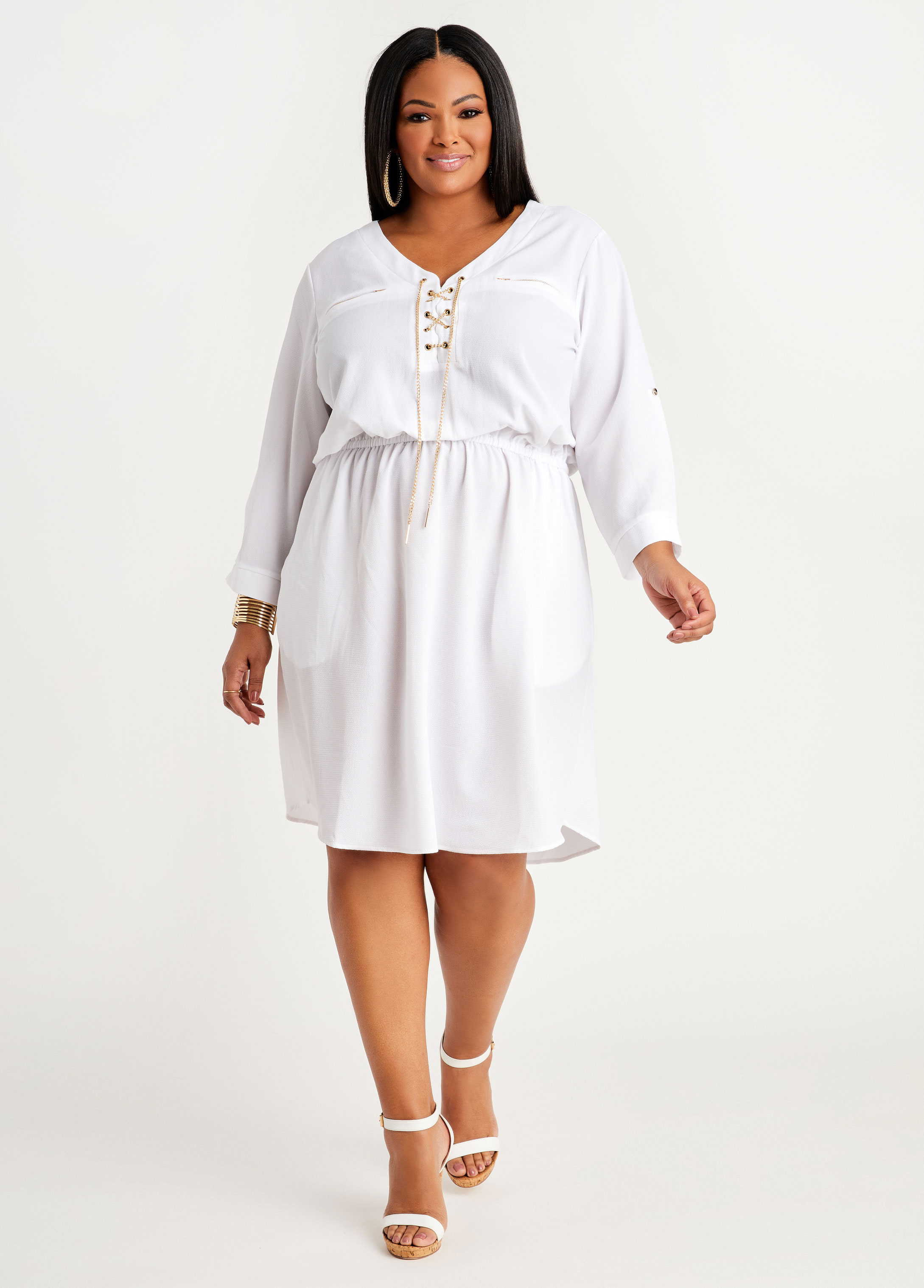 Plus Size Chain Trimmed Woven Shirtdress, WHITE, 30/32 - Ashley Stewart