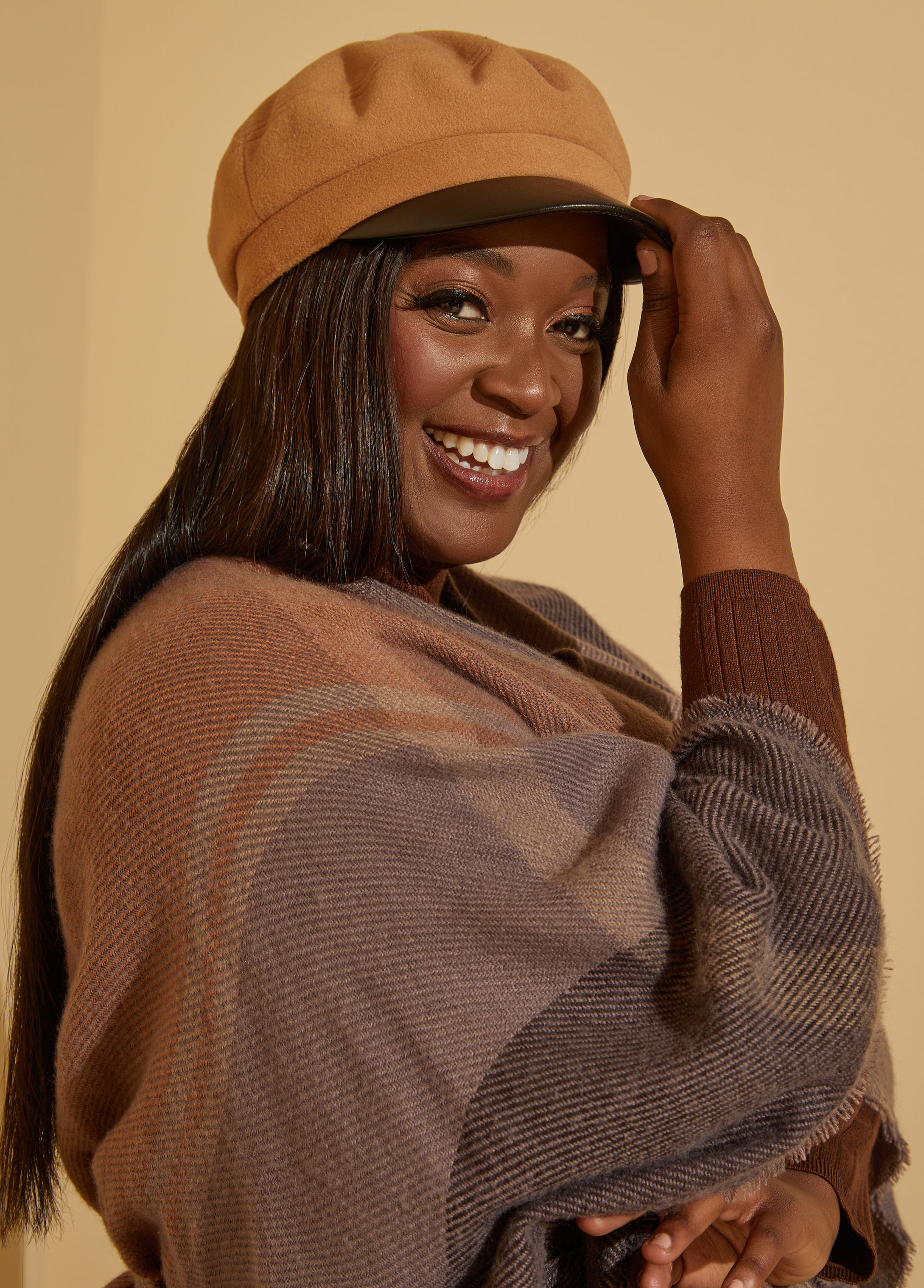Felt And Faux Leather Cabbie Hat
