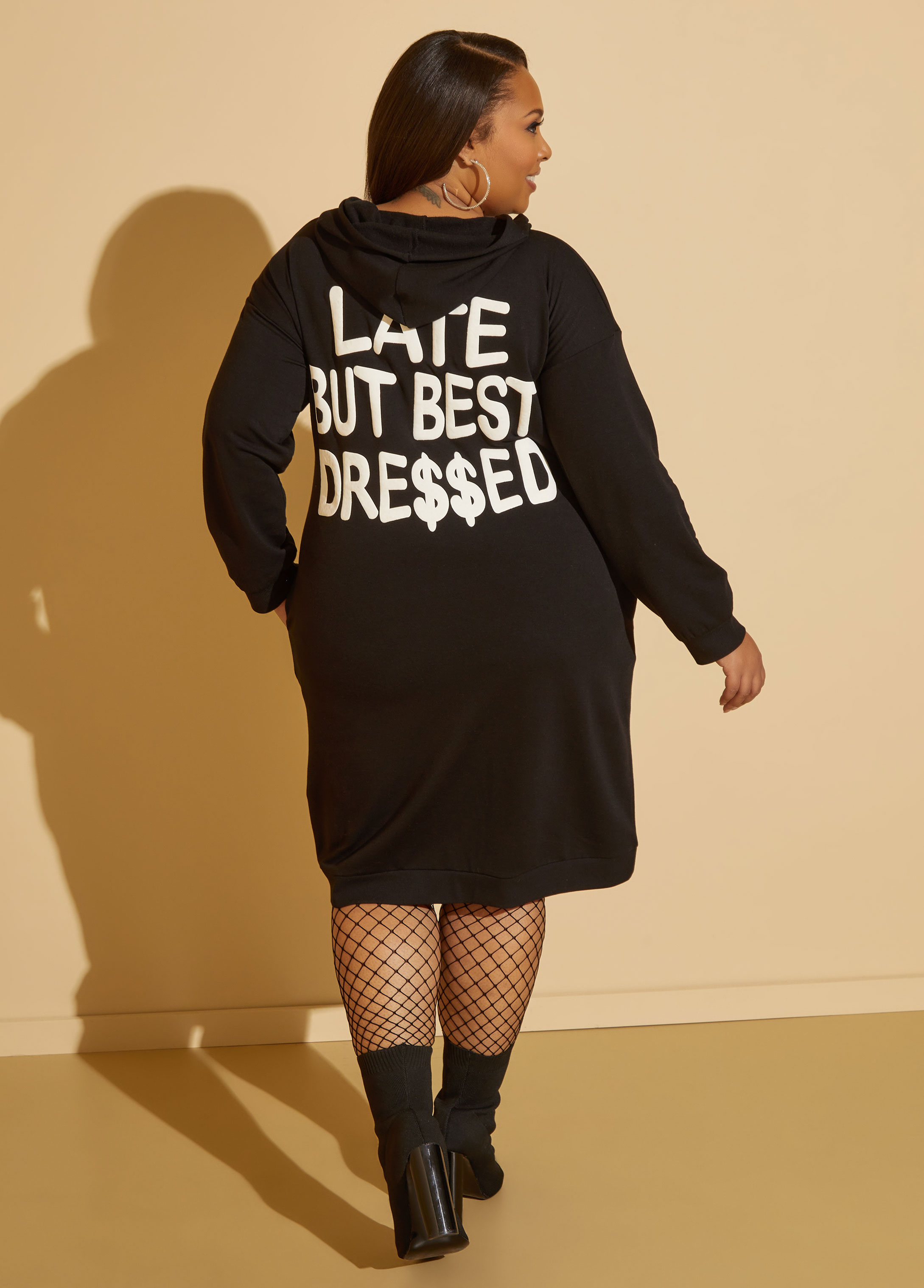 Plus Size Late But Best Dressed Hooded Dress, BLACK, 14/16 - Ashley Stewart