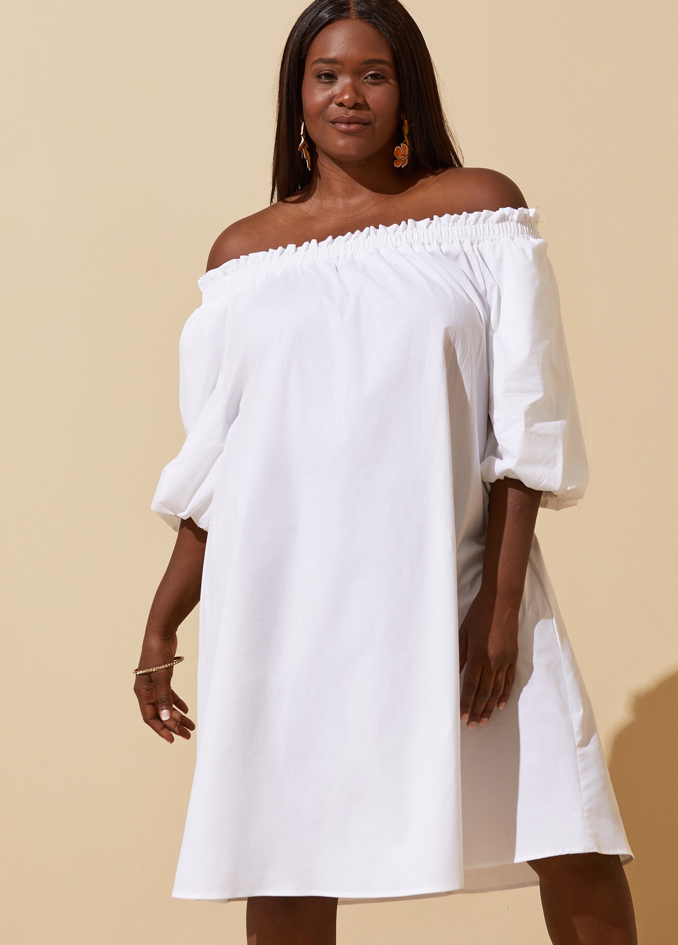Plus Size Off The Shoulder Cotton Dress, WHITE, 26/28 - Ashley Stewart