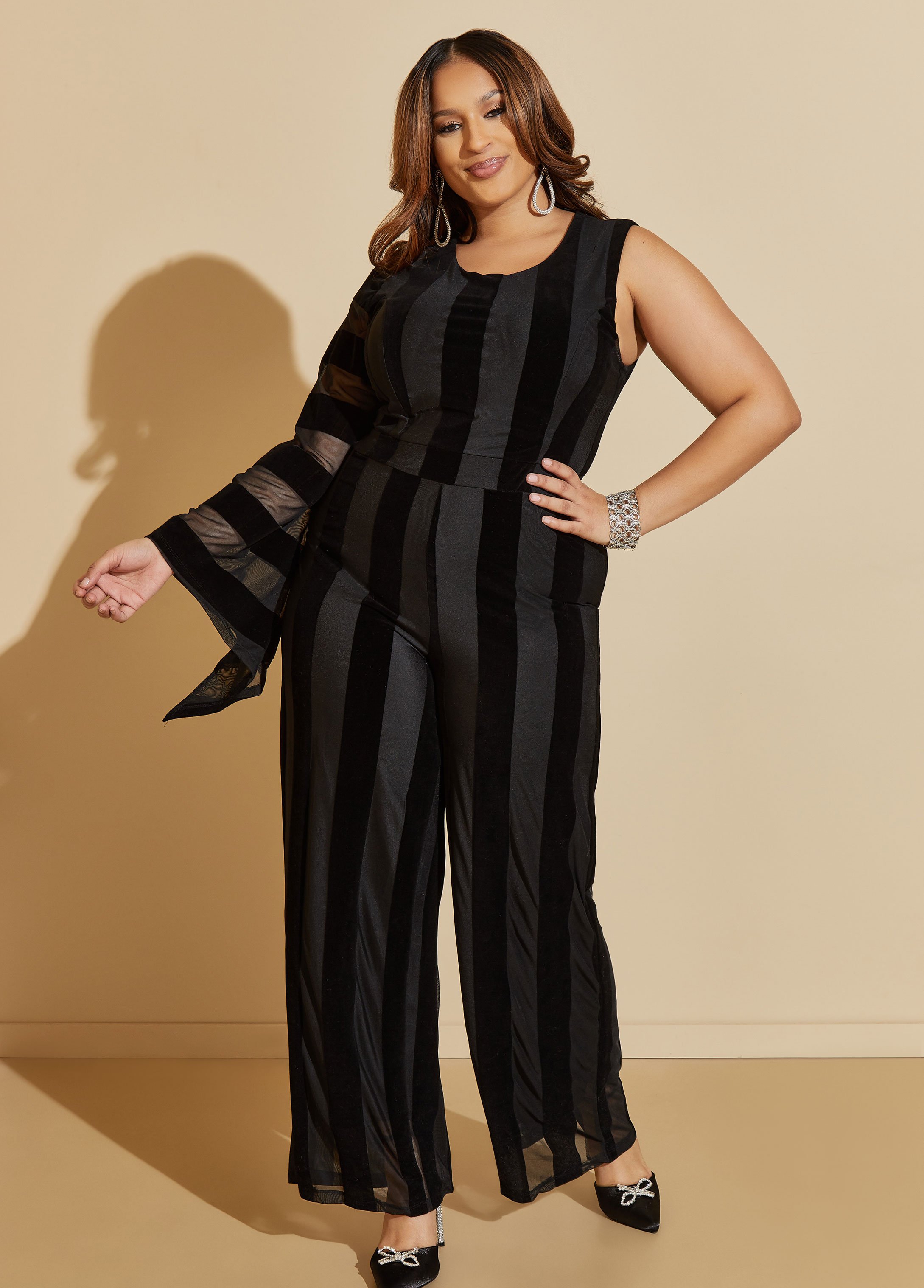 Plus Size One Shoulder Velvet Panel Jumpsuit, BLACK, 10 - Ashley Stewart