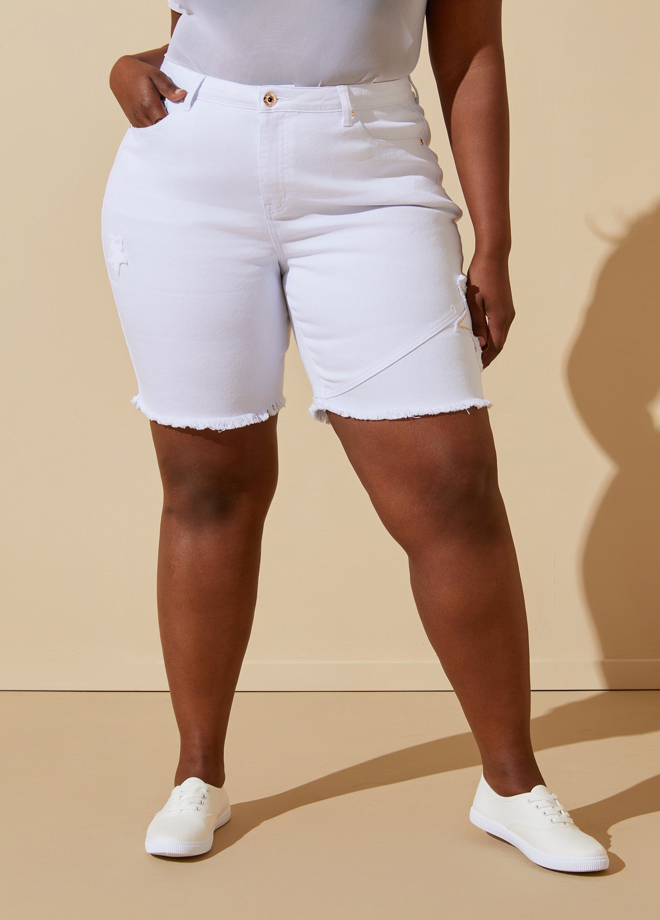 Plus Size Star Studded Denim Bermuda Shorts, WHITE, 24 - Ashley Stewart