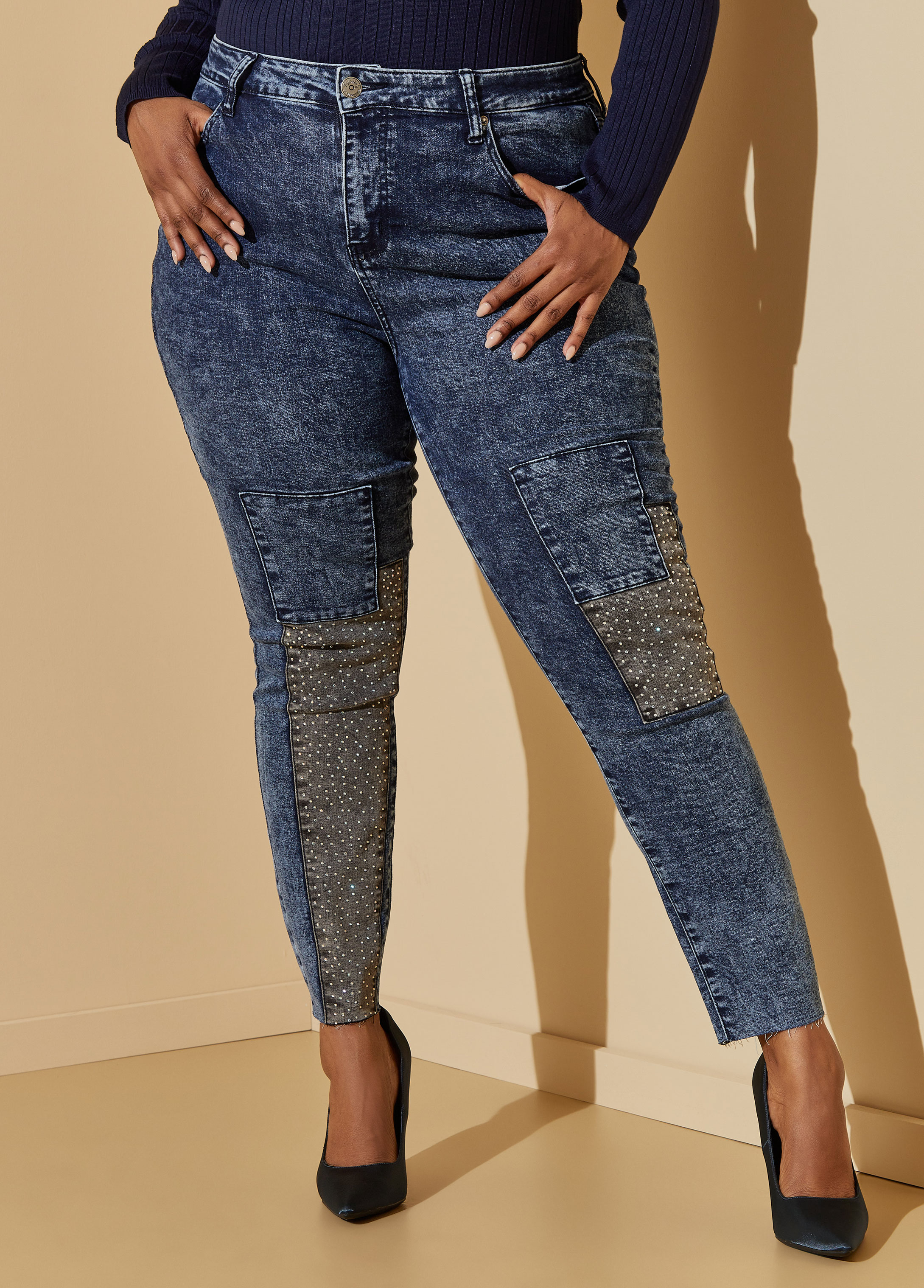Plus Size Patchwork Embellished Skinny Jeans, BLUE, 20 - Ashley Stewart