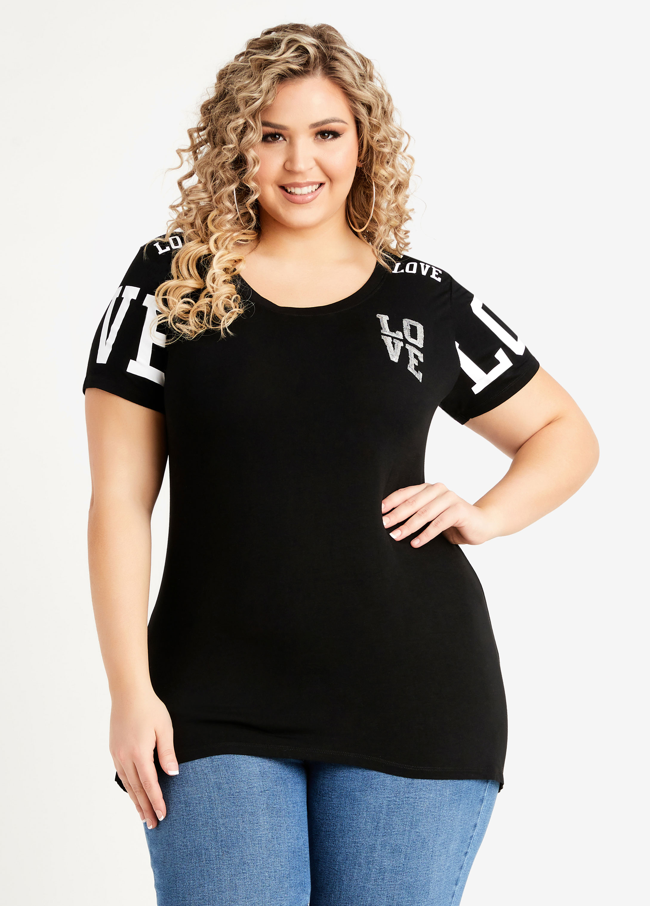 Plus Size Sequin Varsity Jersey Graphic Love Logo Colorblock Knit Tee
