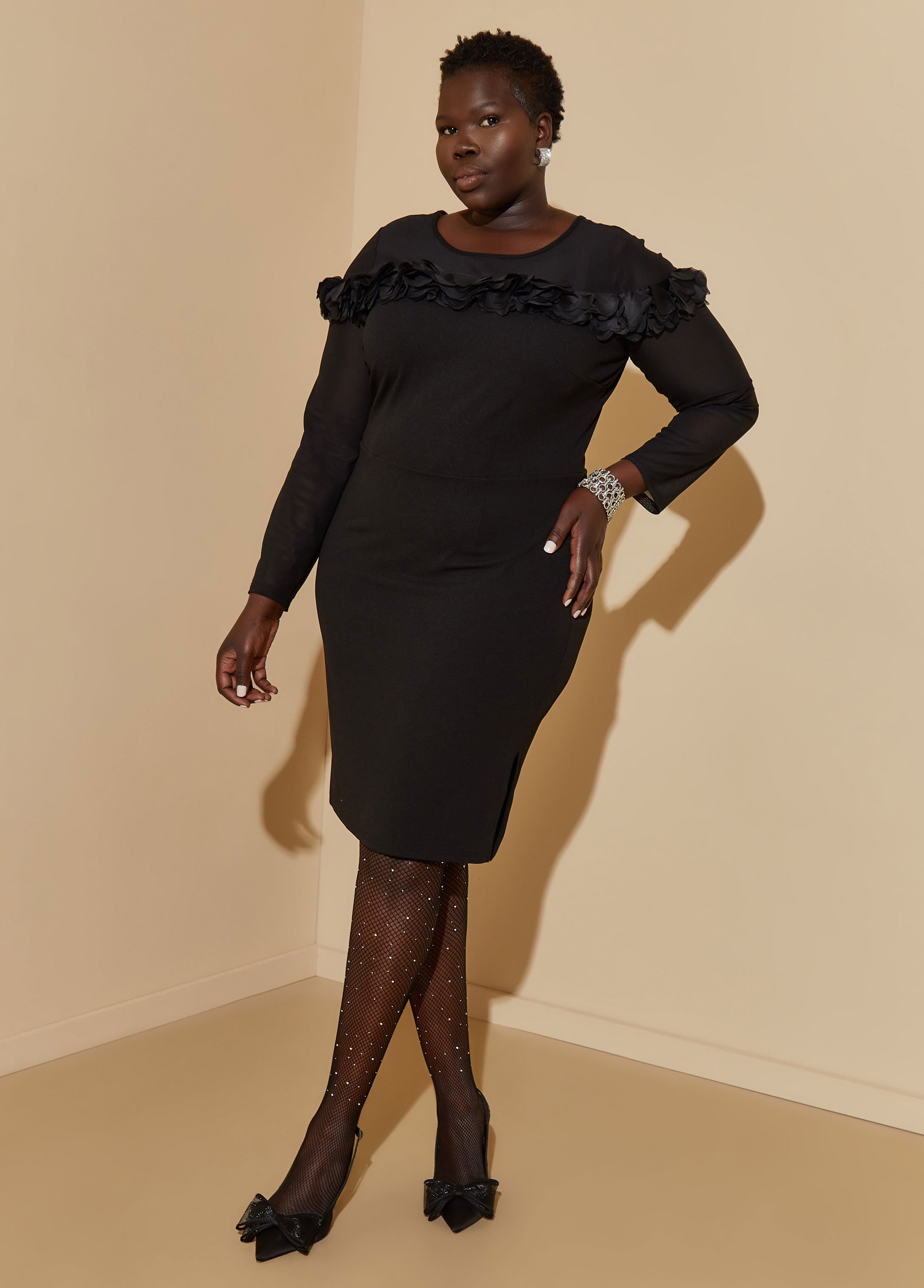 Plus Size Mesh Paneled Rosette Sheath Dress, BLACK, 10 - Ashley Stewart