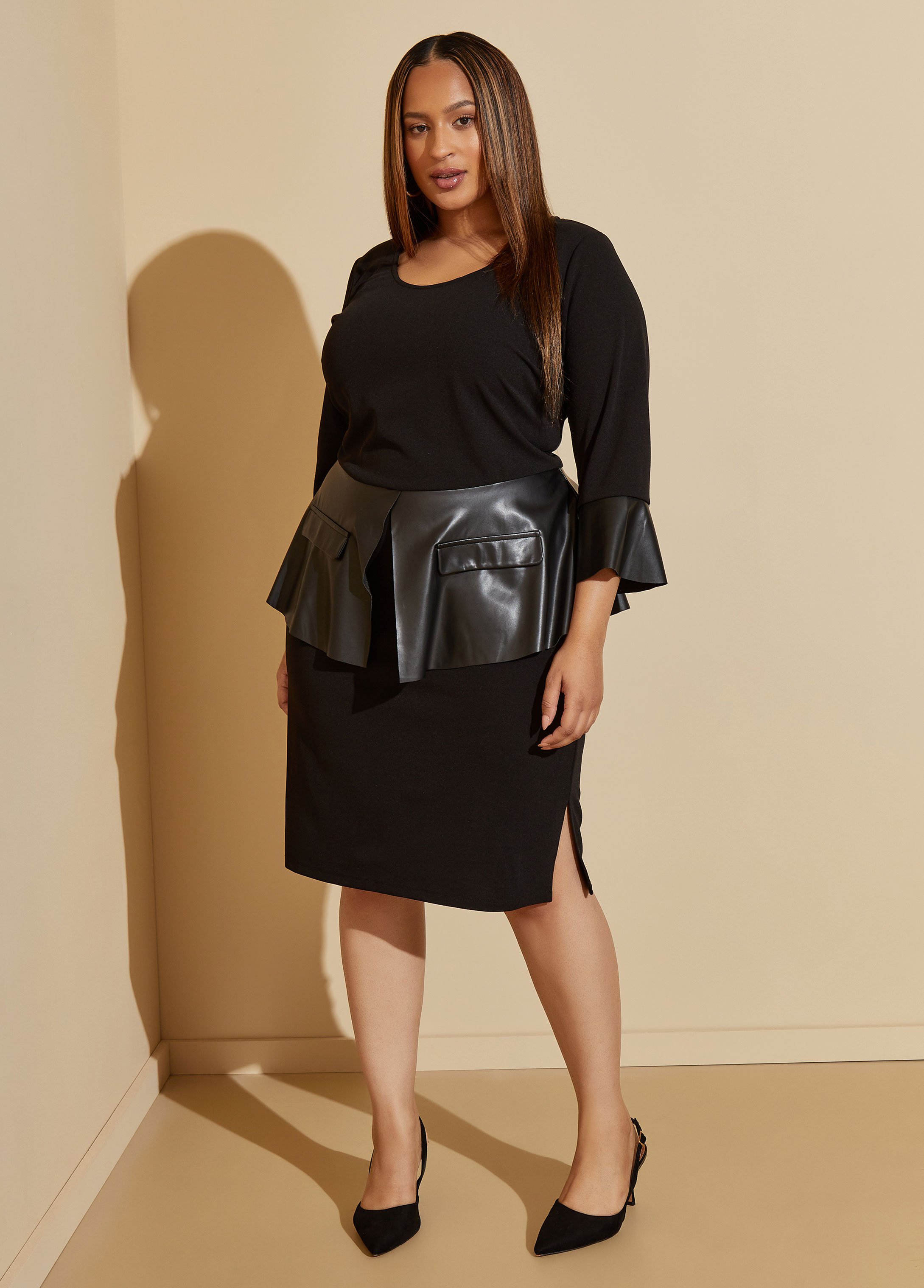 Plus Size Faux Leather Paneled Peplum Dress, BLACK, 34/36 - Ashley Stewart