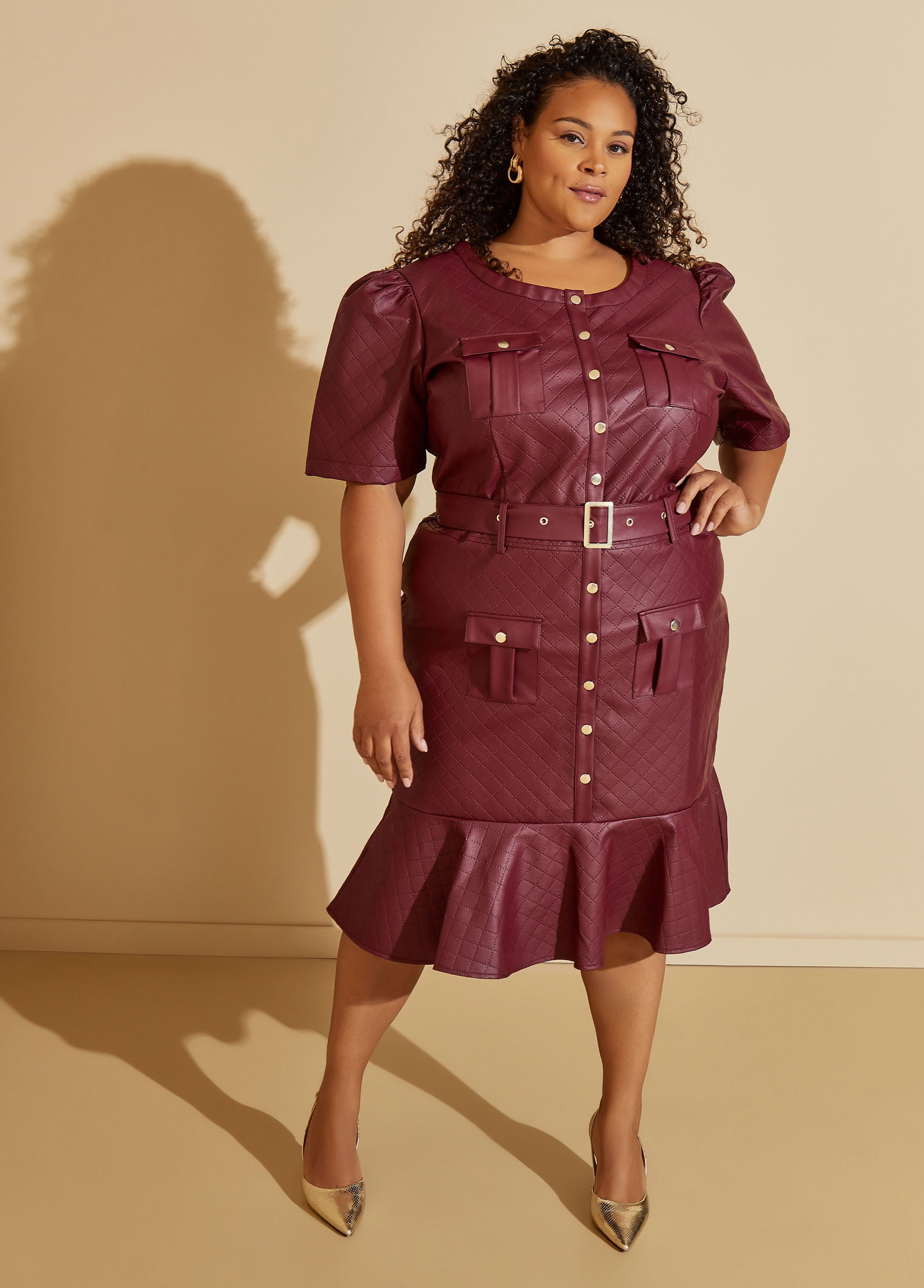 Plus Size Perforated Faux Leather Dress, RED, 34/36 - Ashley Stewart