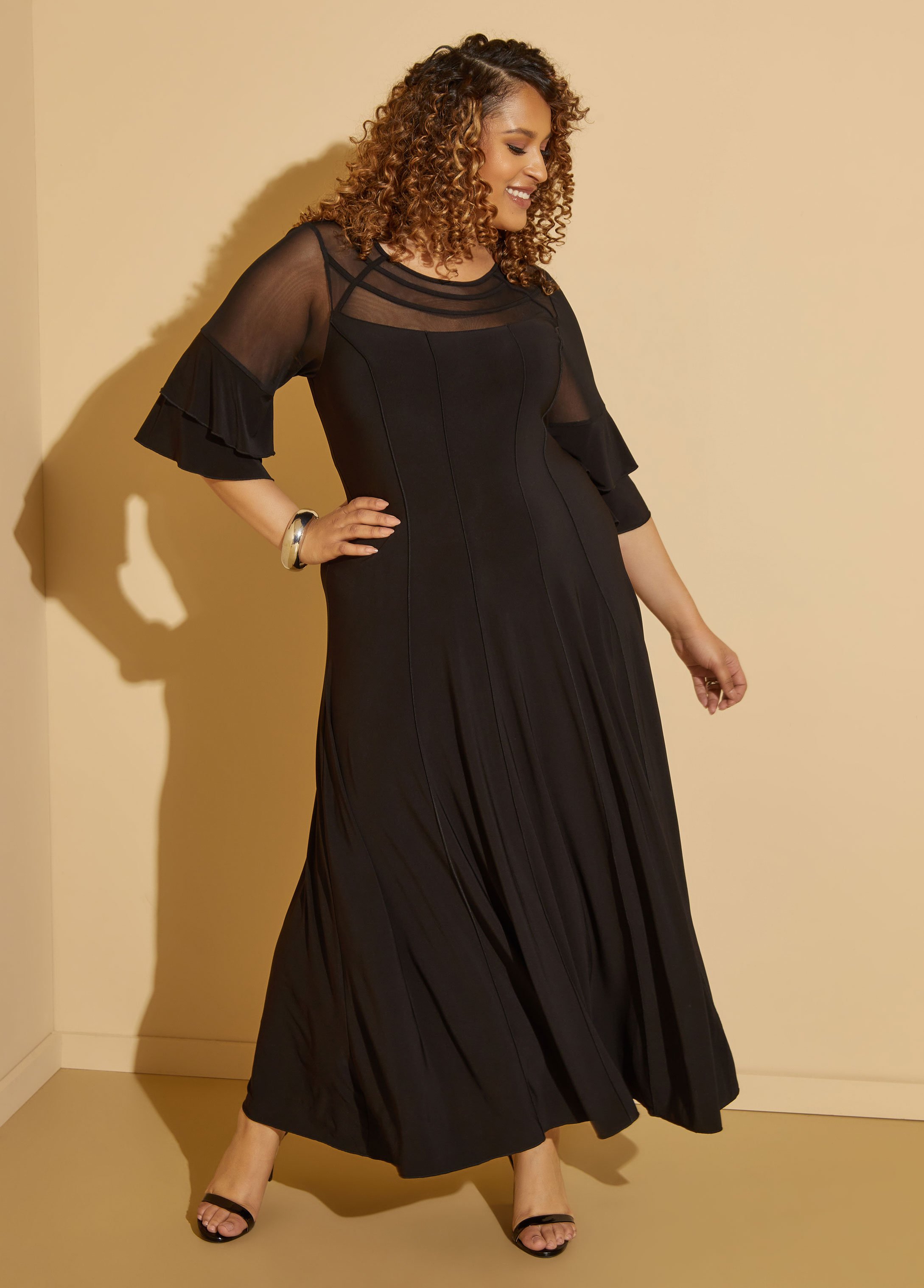 Plus Size Mesh Paneled Maxi Dress, BLACK, 10 - Ashley Stewart