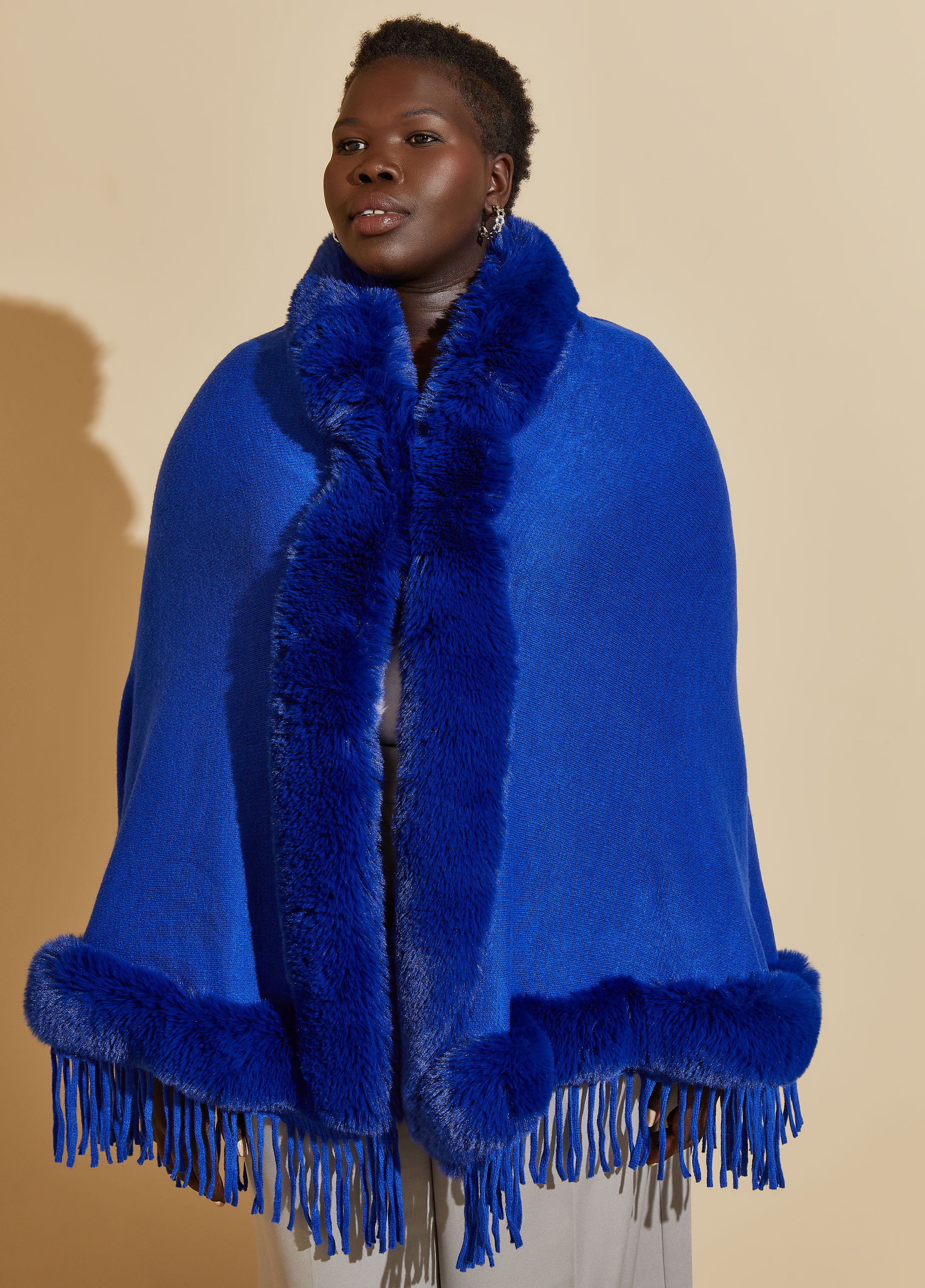 Plus Size Knit Hooded Ruana Womens Poncho Cape Coat Faux Fur