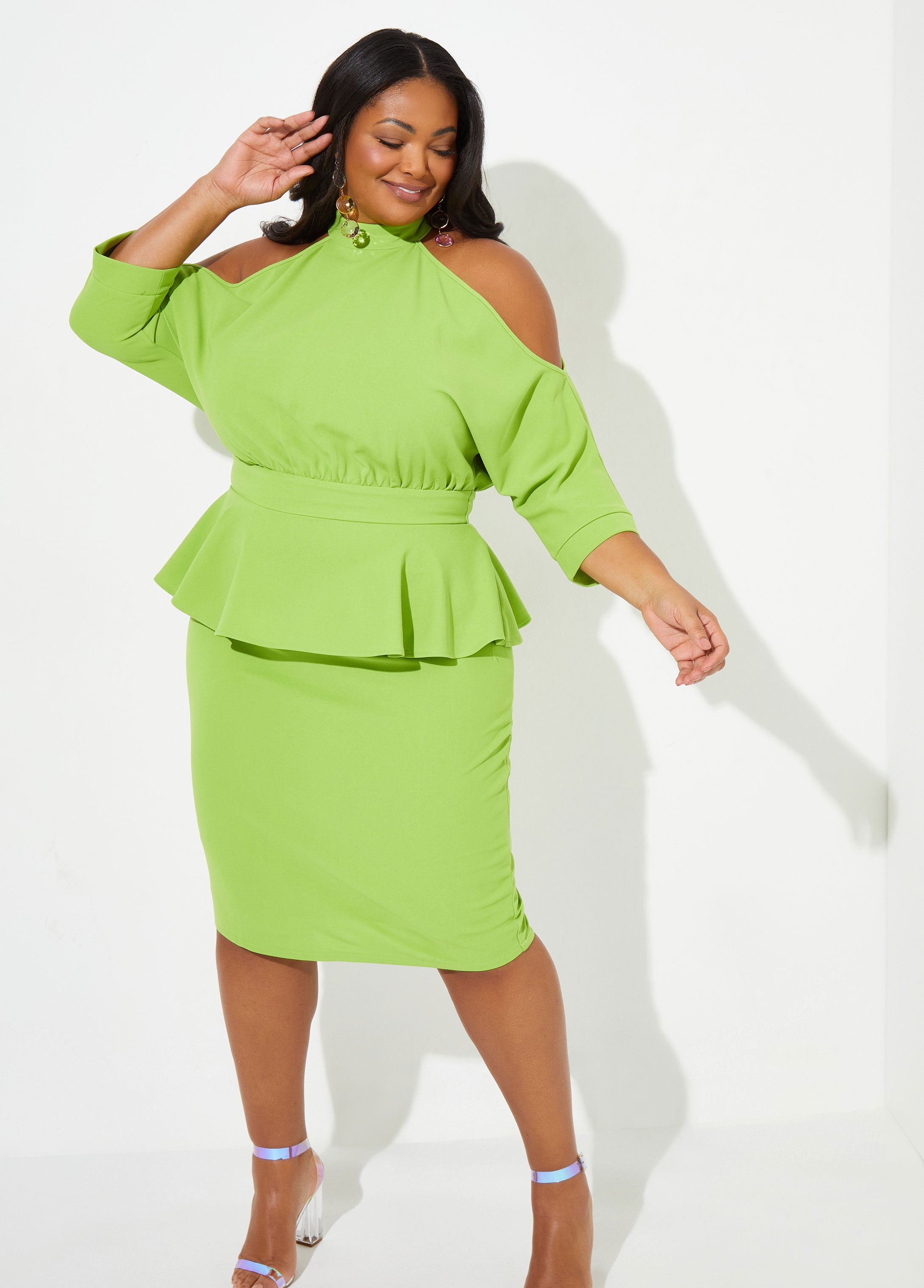 Plus Size Cold Shoulder Peplum Dress, GREEN, 14/16 - Ashley Stewart
