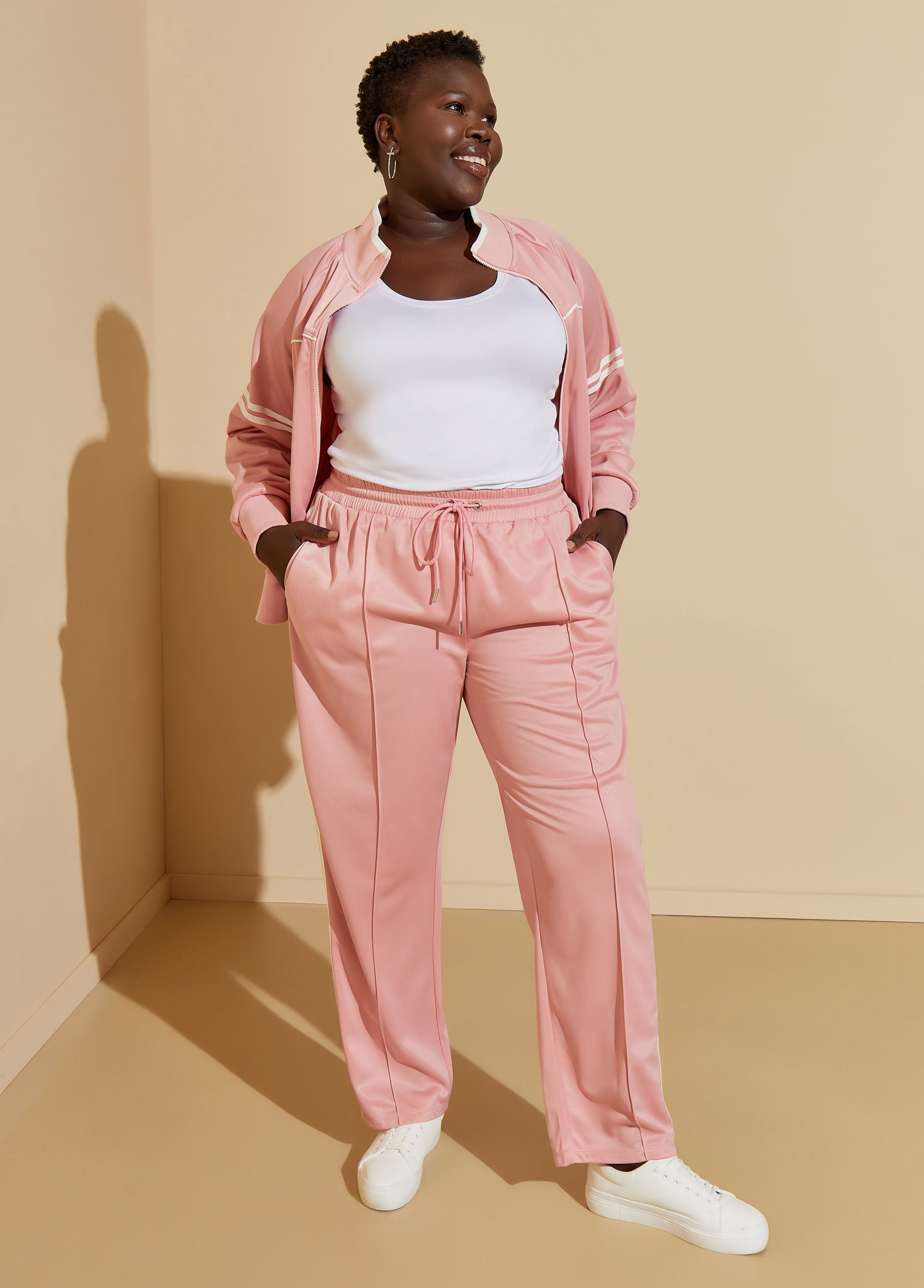 Plus Size Striped Pintucked Track Pants, PINK, 34/36 - Ashley Stewart