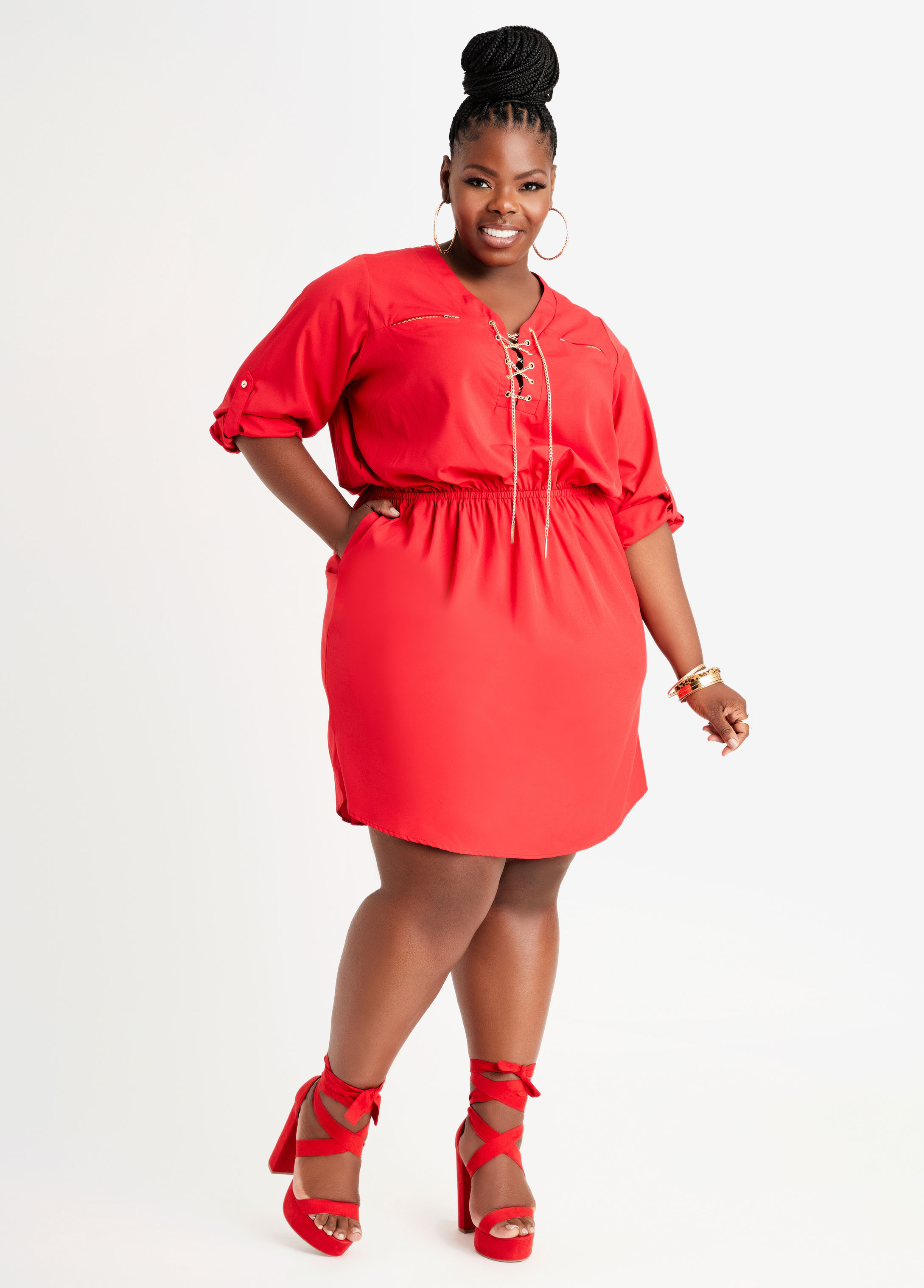 Plus Size Chain Trimmed Woven Shirtdress, RED, 10 - Ashley Stewart