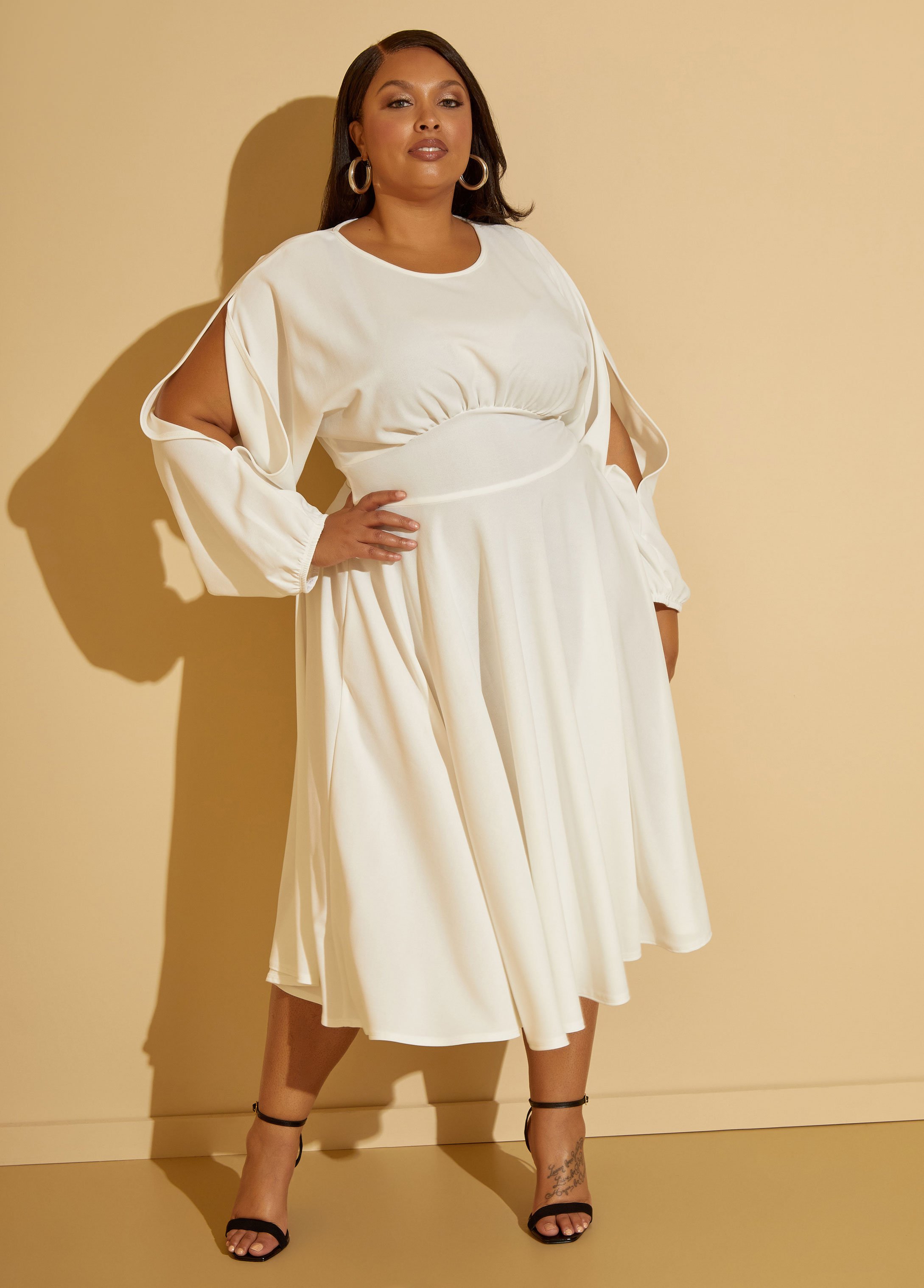Plus Size Split Sleeved A Line Midaxi Dress, WHITE, 12 - Ashley Stewart