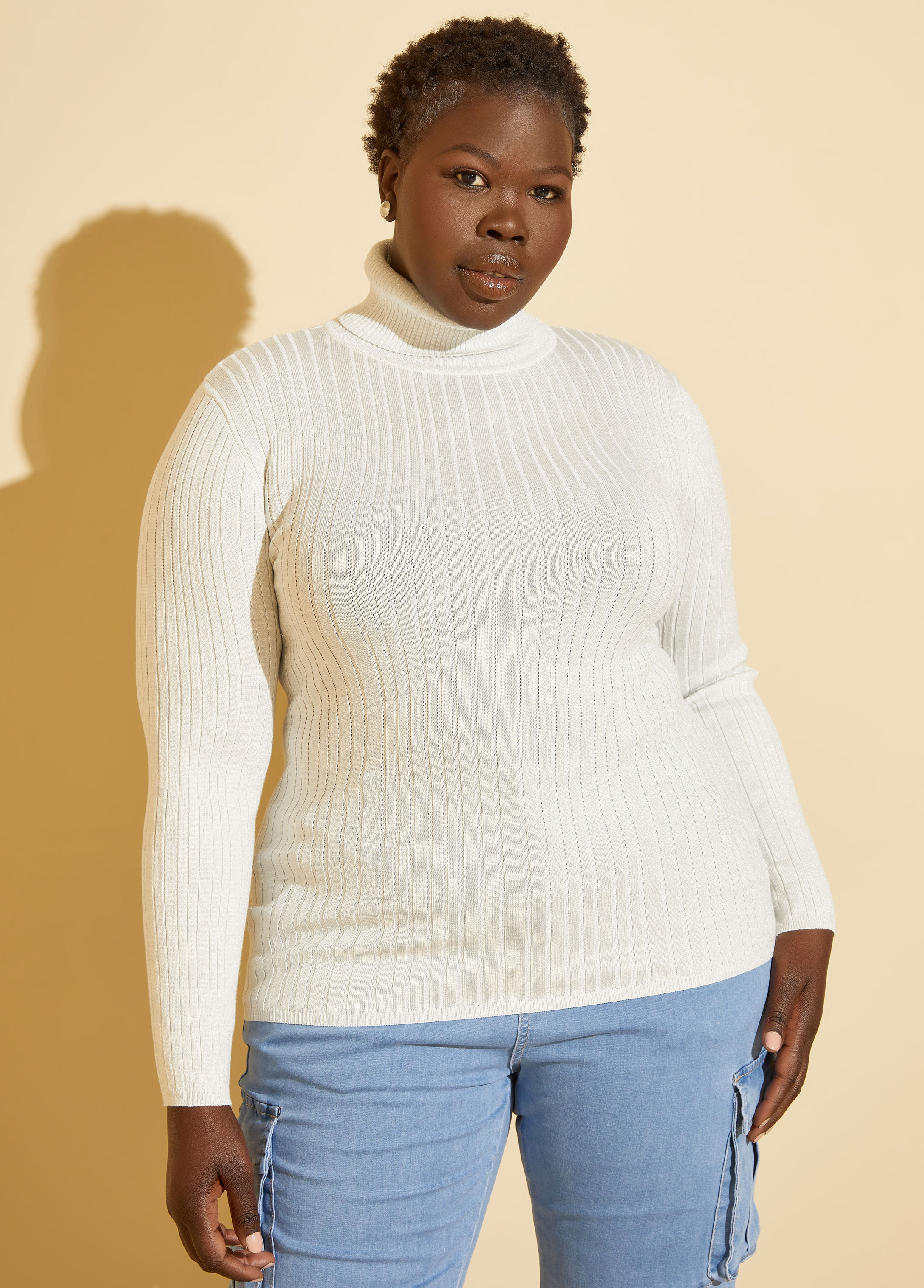 Plus Size Lurex Turtleneck Sweater, WHITE, 10/12 - Ashley Stewart