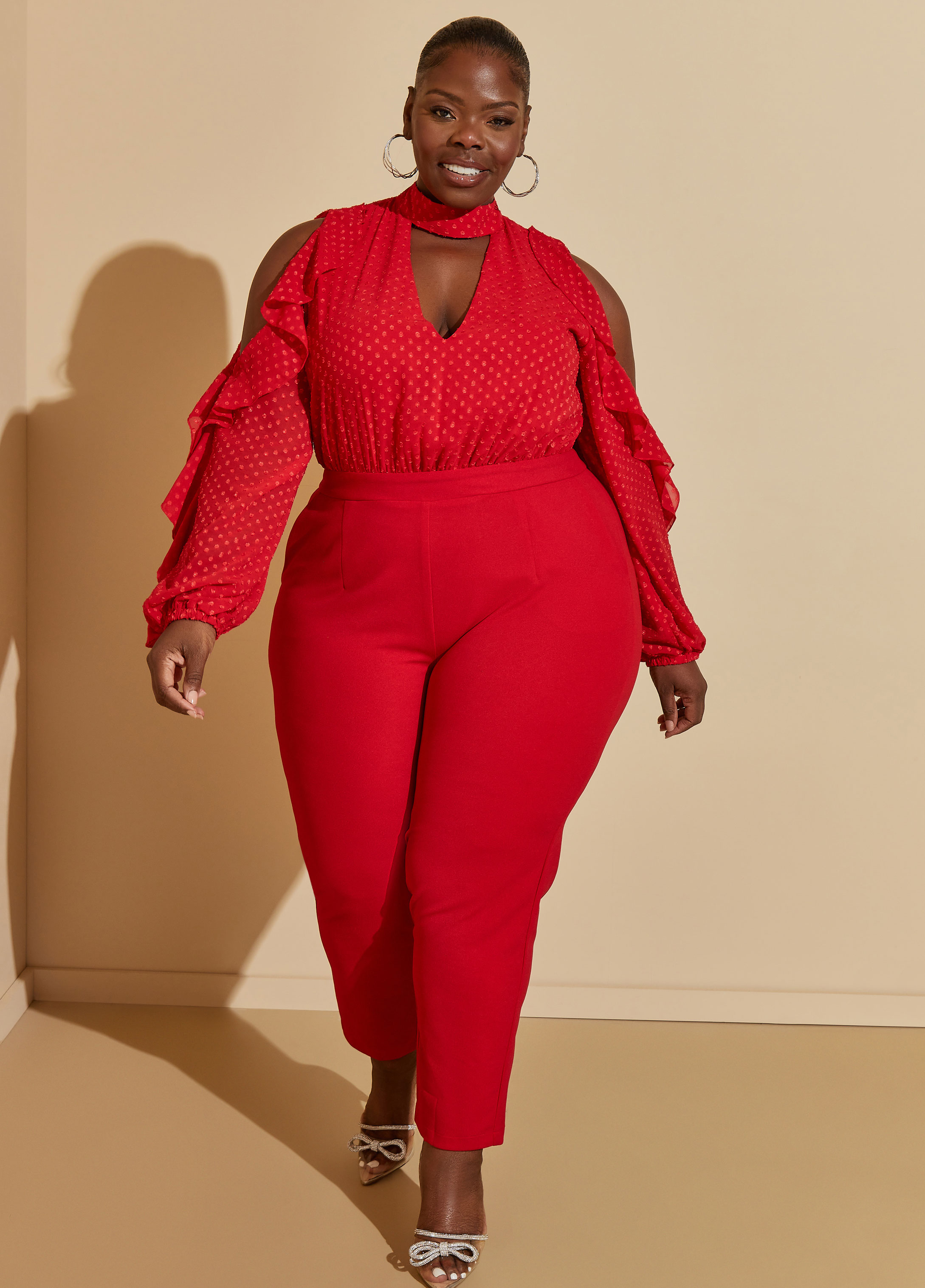 Plus Size Cutout Ruffled Jumpsuit, RED, 22/24 - Ashley Stewart