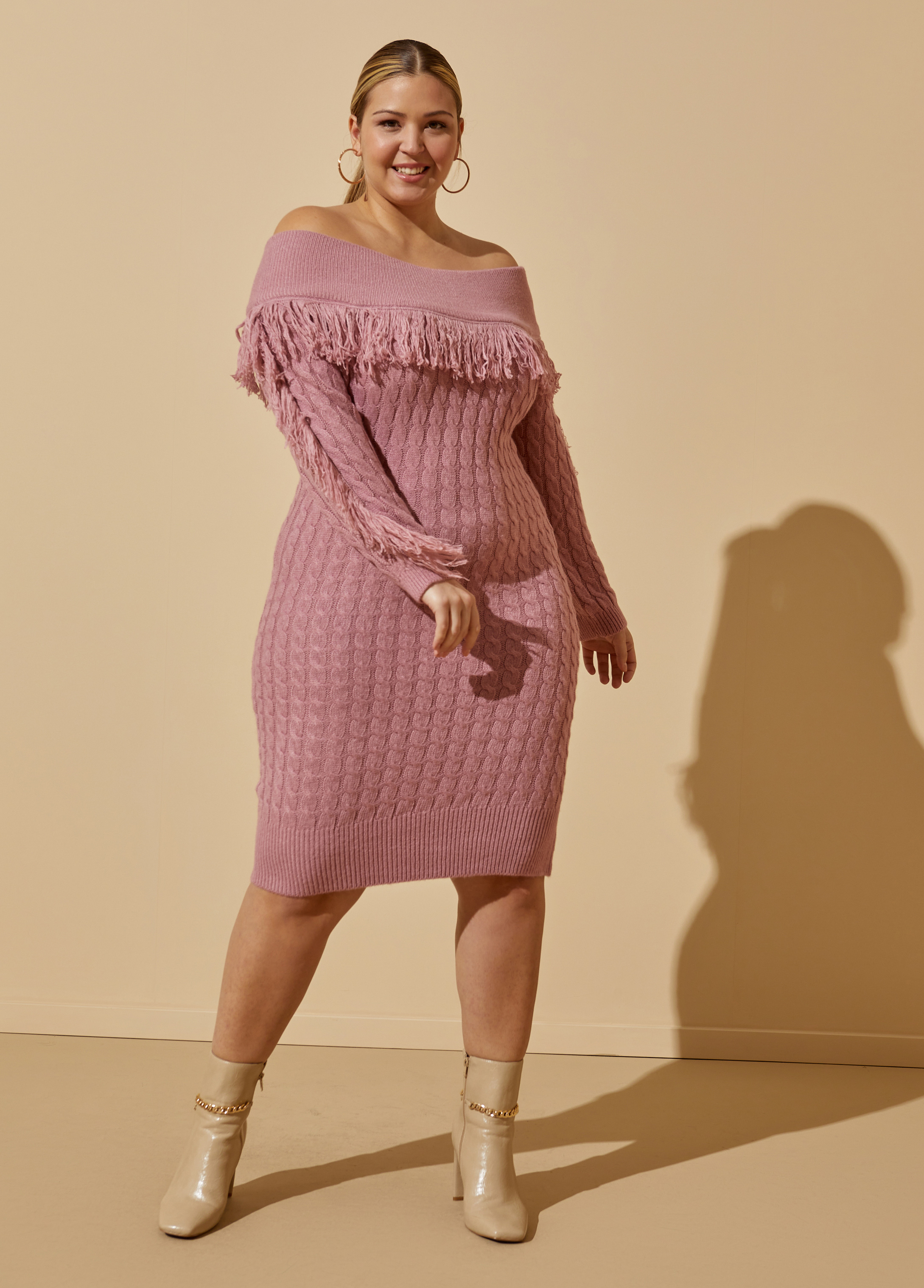 Plus Size Fringed Sweater Dress, PINK, 30/32 - Ashley Stewart
