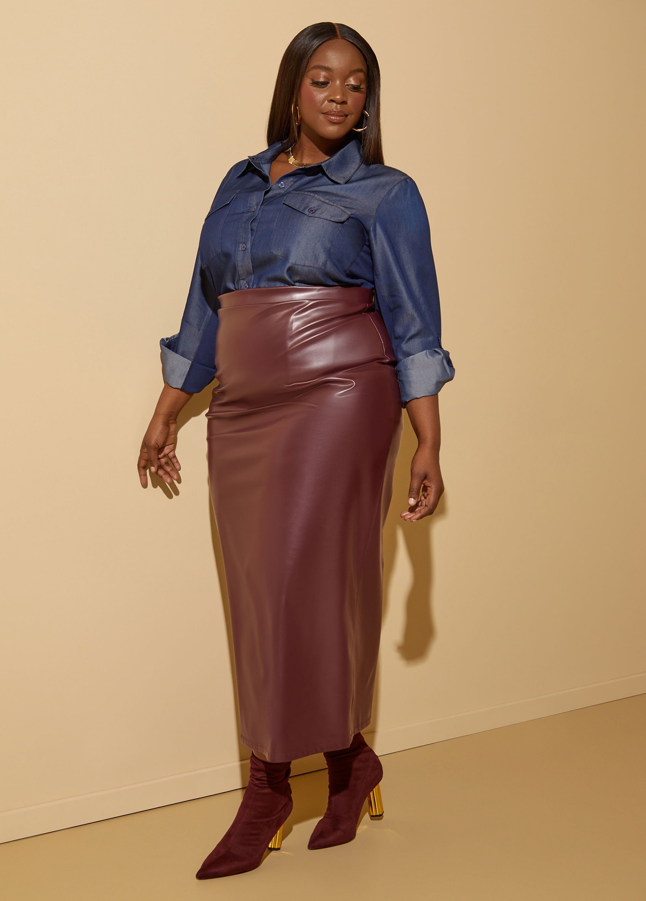 Plus Size Split Faux Leather Maxi Skirt, RED, 10/12 - Ashley Stewart